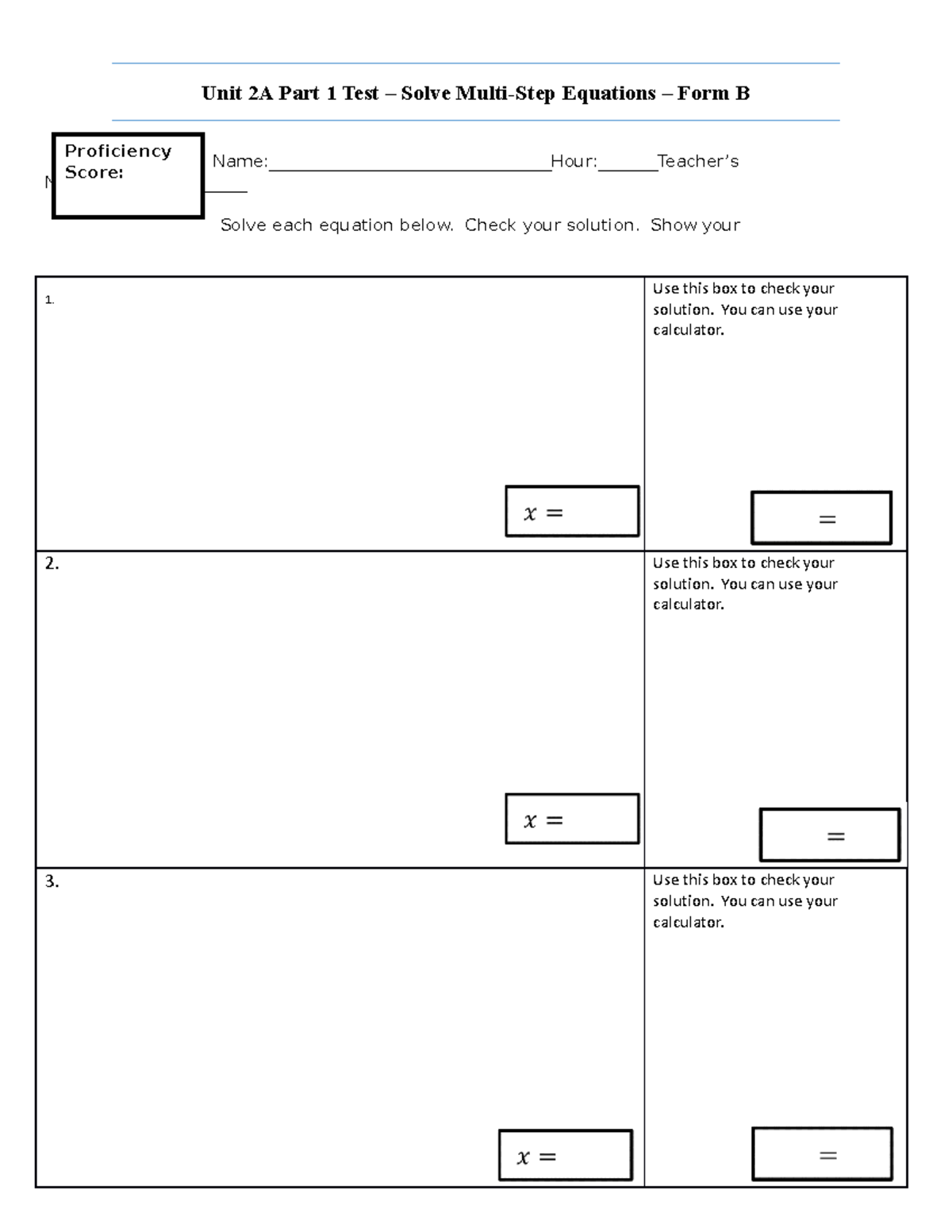 Unit 2A Part 1 Test Form B Honors - Unit 2A Part 1 Test – Solve Multi ...