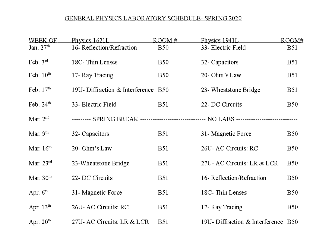 Physics Lab Schedule WEEK OF Physics 1621L ROOM Physics 1941L ROOM