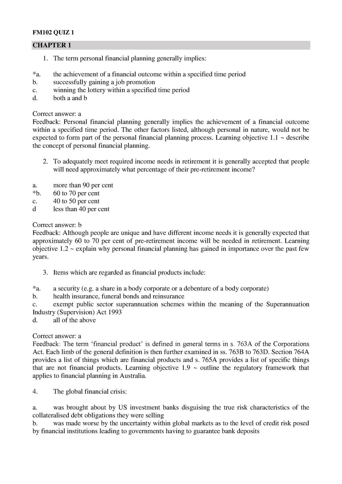 Quiz 1 Solutions - FM102 QUIZ 1 CHAPTER 1 The Term Personal Financial ...