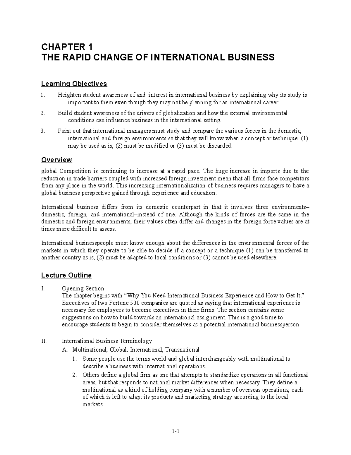 Summary of International Business Ch 1 - CHAPTER 1 THE RAPID CHANGE OF ...