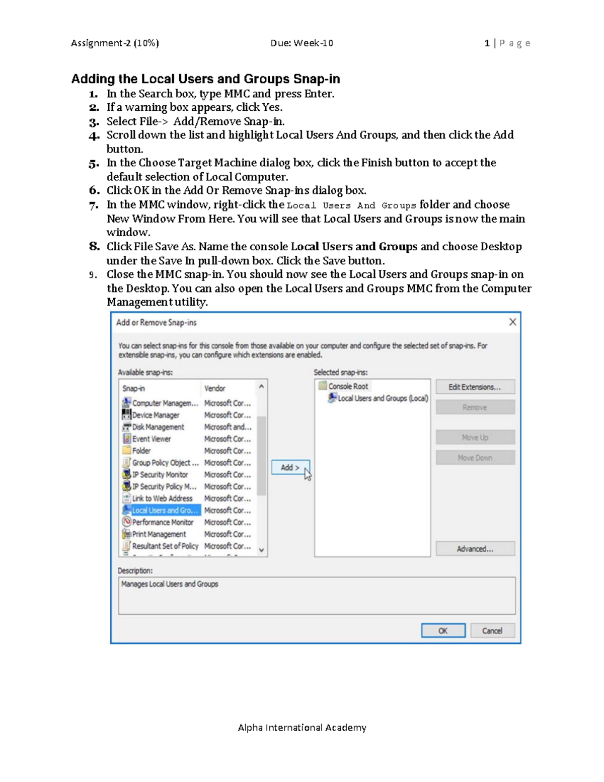 Assignment-2 (10%) COMP82 - Adding the Local Users and Groups Snap-in 1 ...