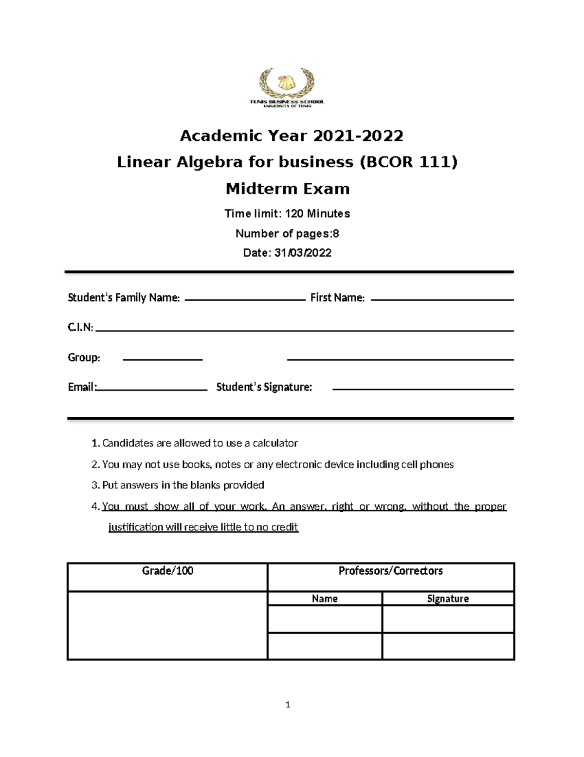 Midterm LA 2021-2022 - Academic Year 2021- Linear Algebra for business ...