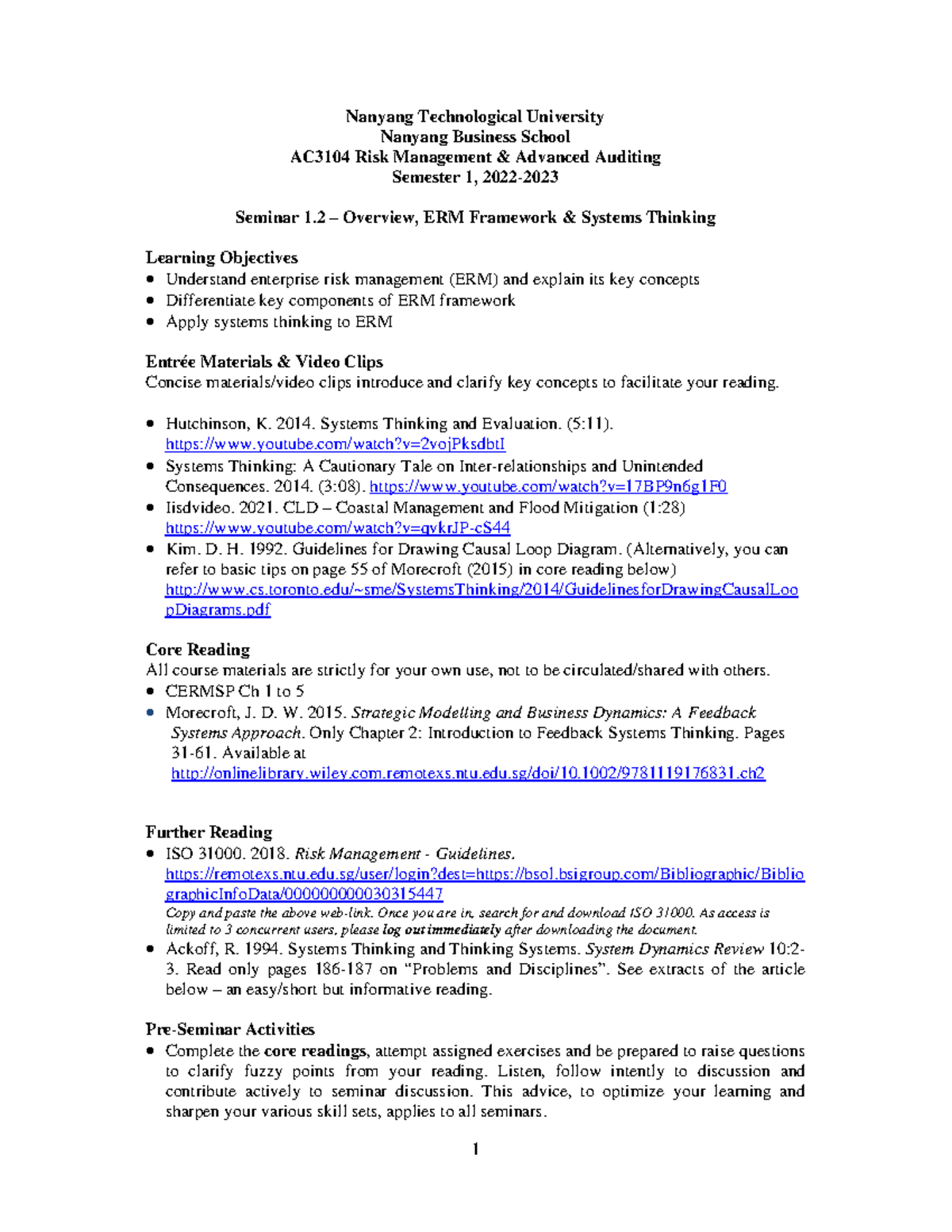 Seminar Outline 1.2 Course Overview - Nanyang Technological University ...