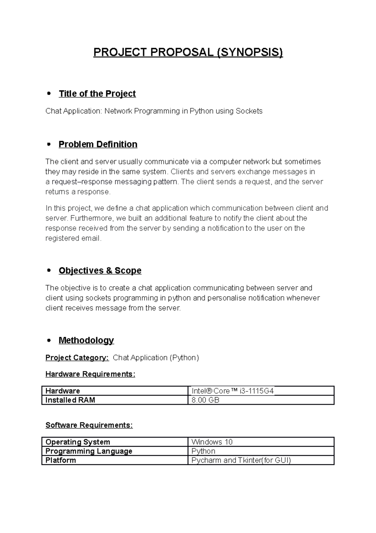 Synopsis of Networking sockets using python - PROJECT PROPOSAL ...