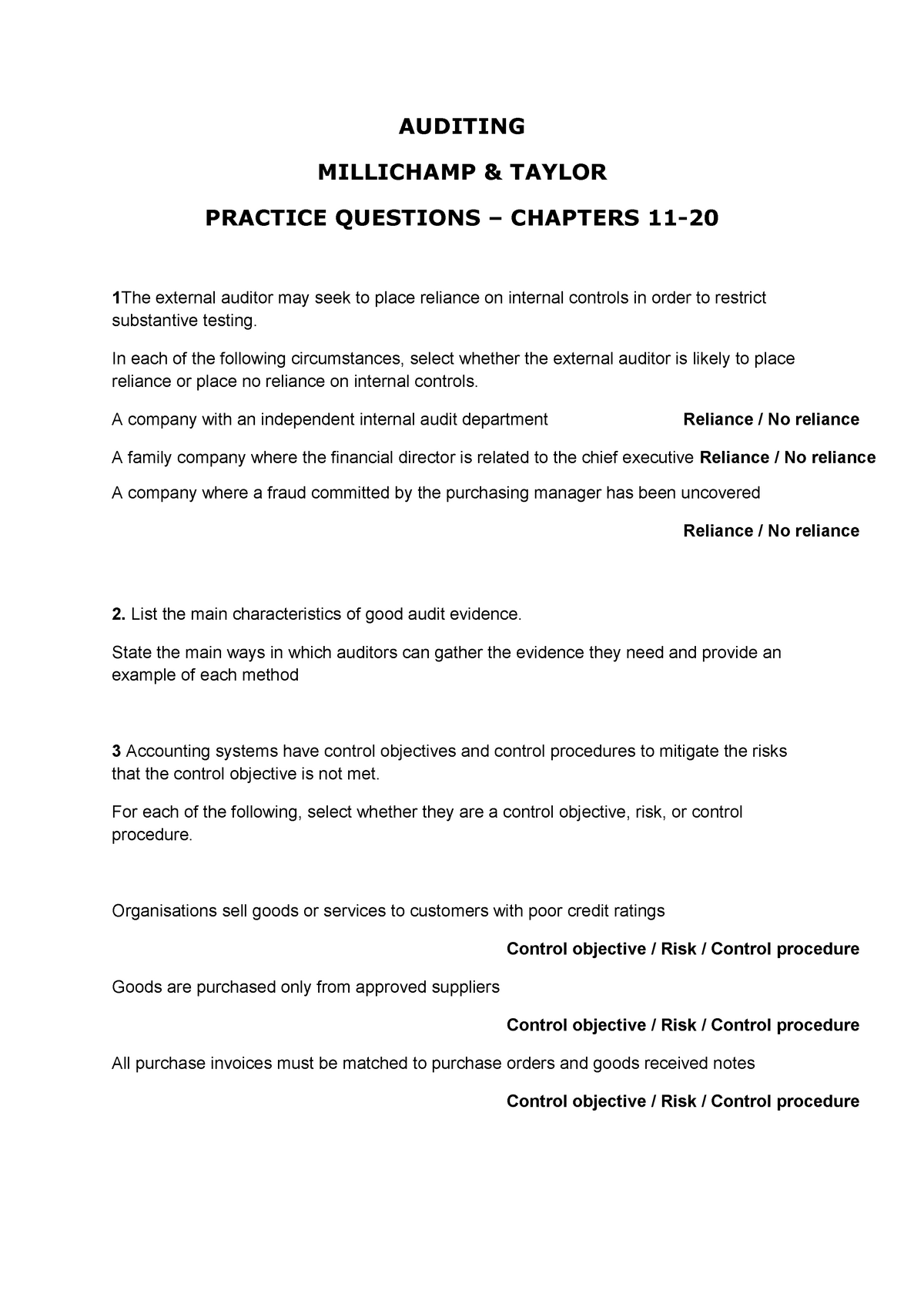 Sample/practice Exam 2015, Questions - AUDITING MILLICHAMP &amp; TAYLOR ...