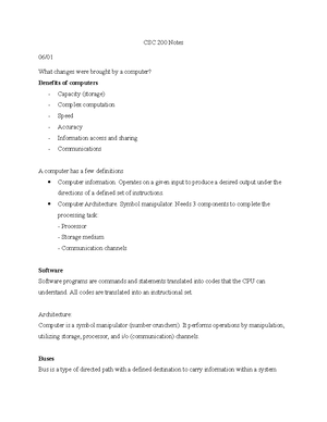 CSC200 Review Sheet (exam 1) - Computer Basic Components ( Memory ,I/O ...