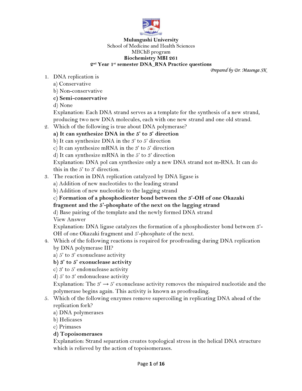 DNA RNA Practice Q Solutions - School Of Medicine And Health Sciences ...