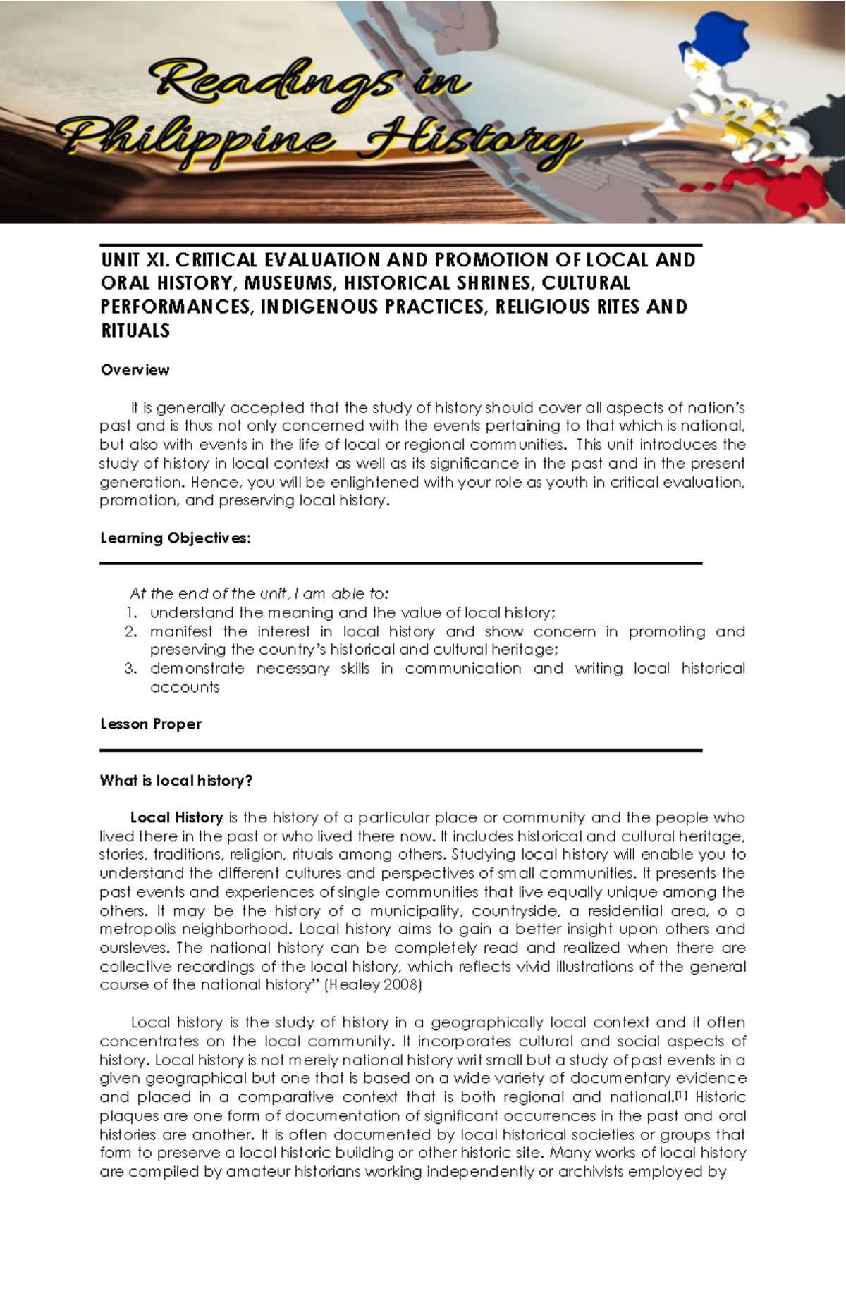 RPHUnit XI This is about the local history, culture and museum