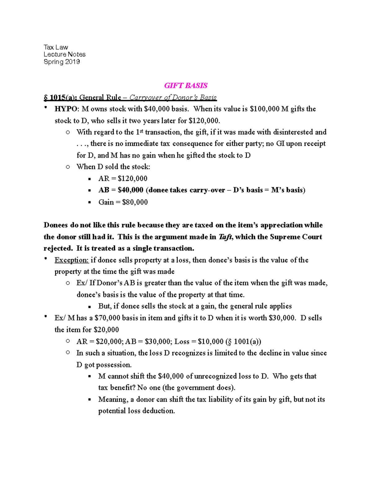 § 1015(a) General Rule Carryover of Donor’s Basis Tax Law Lecture