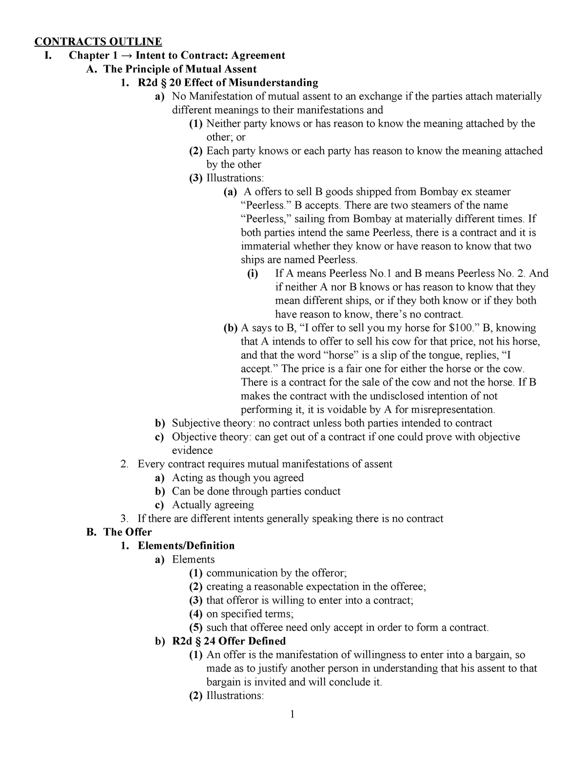 Contracts Outline (Anderson syllabus) - CONTRACTS OUTLINE I. Chapter 1 ...