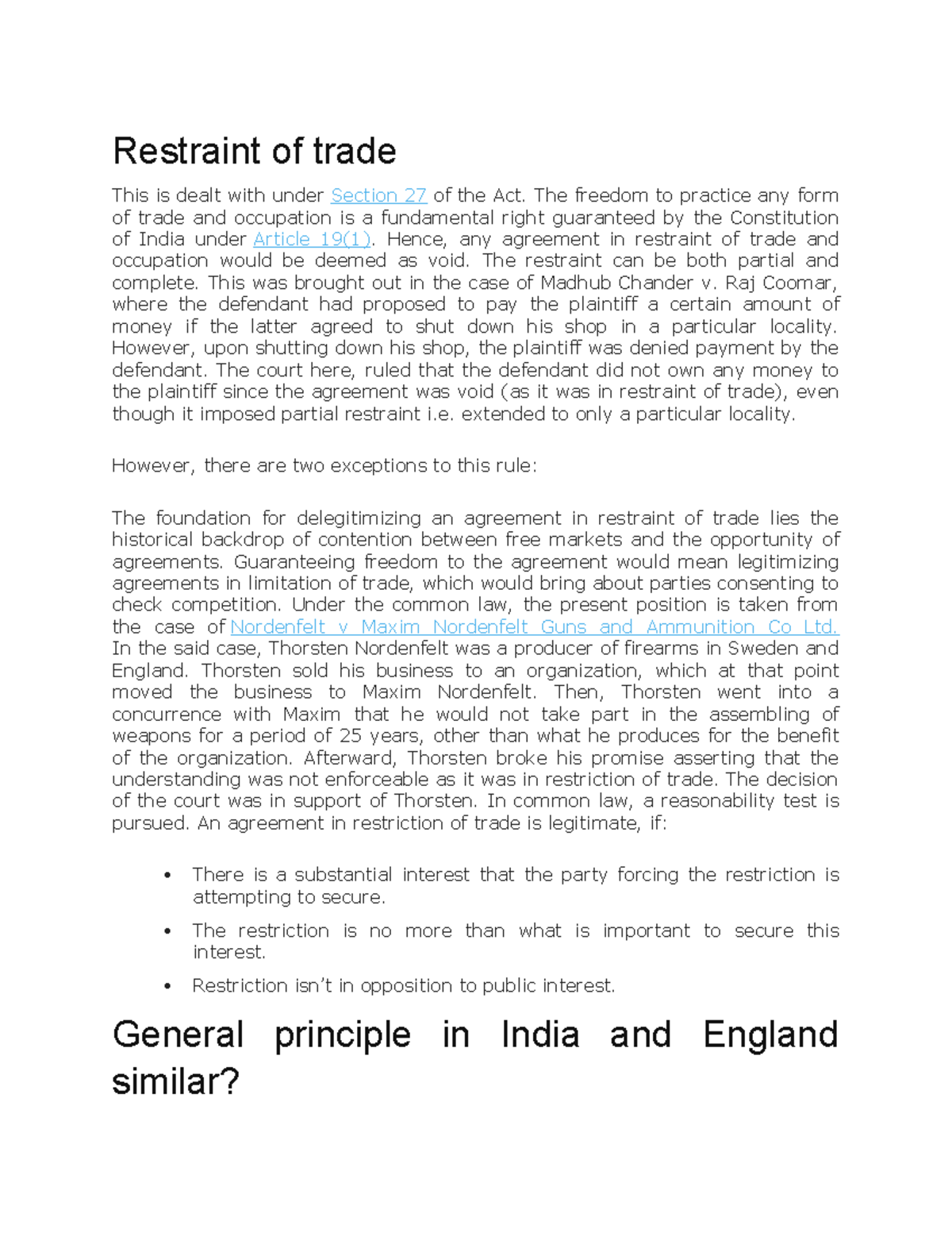 Restraint of trade - notes - Restraint of trade This is dealt with ...