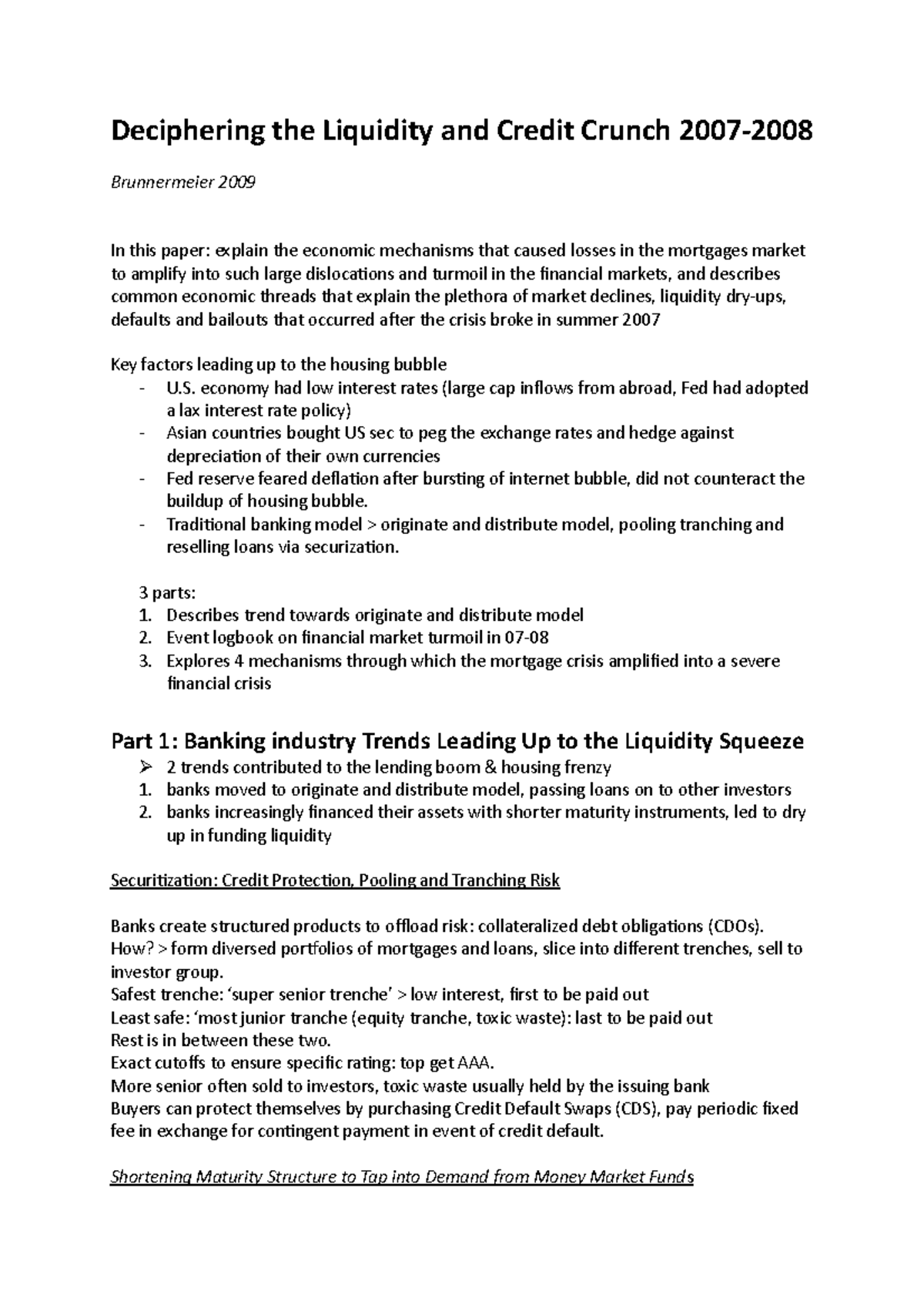 Summary Brunnermeier 2009 Deciphering The Liquidity And Credit Crunch Studeersnel