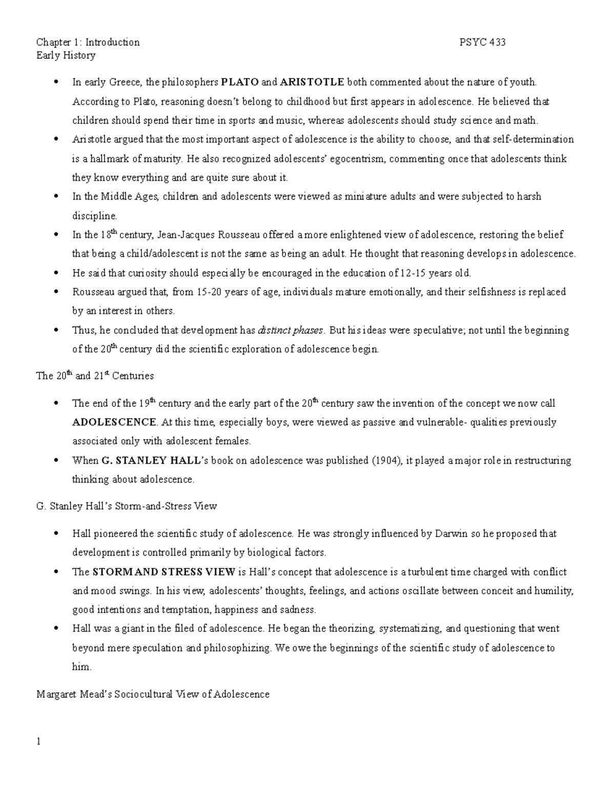 Chapter 1 in adolescence - Chapter 1: Introduction Early History PSYC ...
