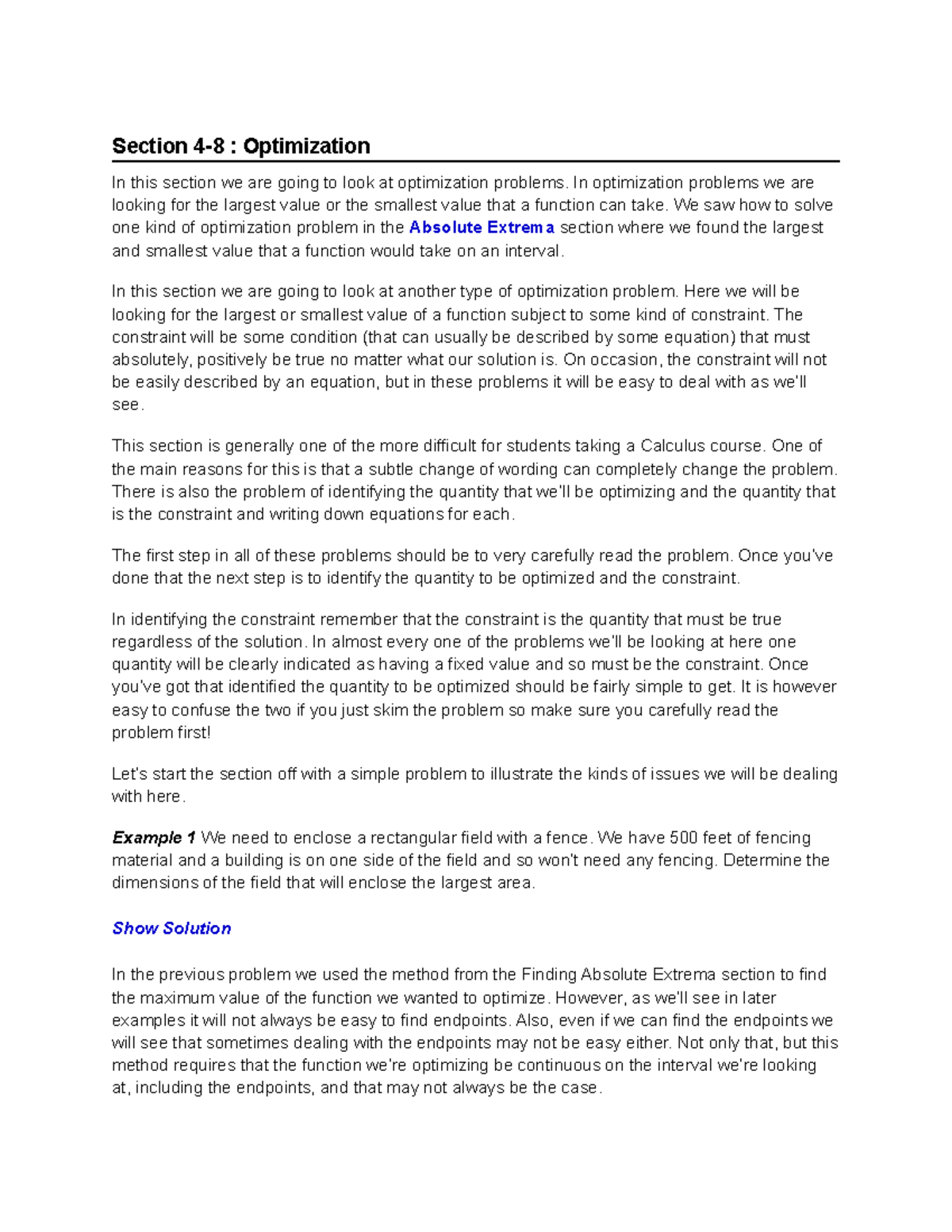 Section 4-8 Optimization notes - Section 4-8 : Optimization In this ...