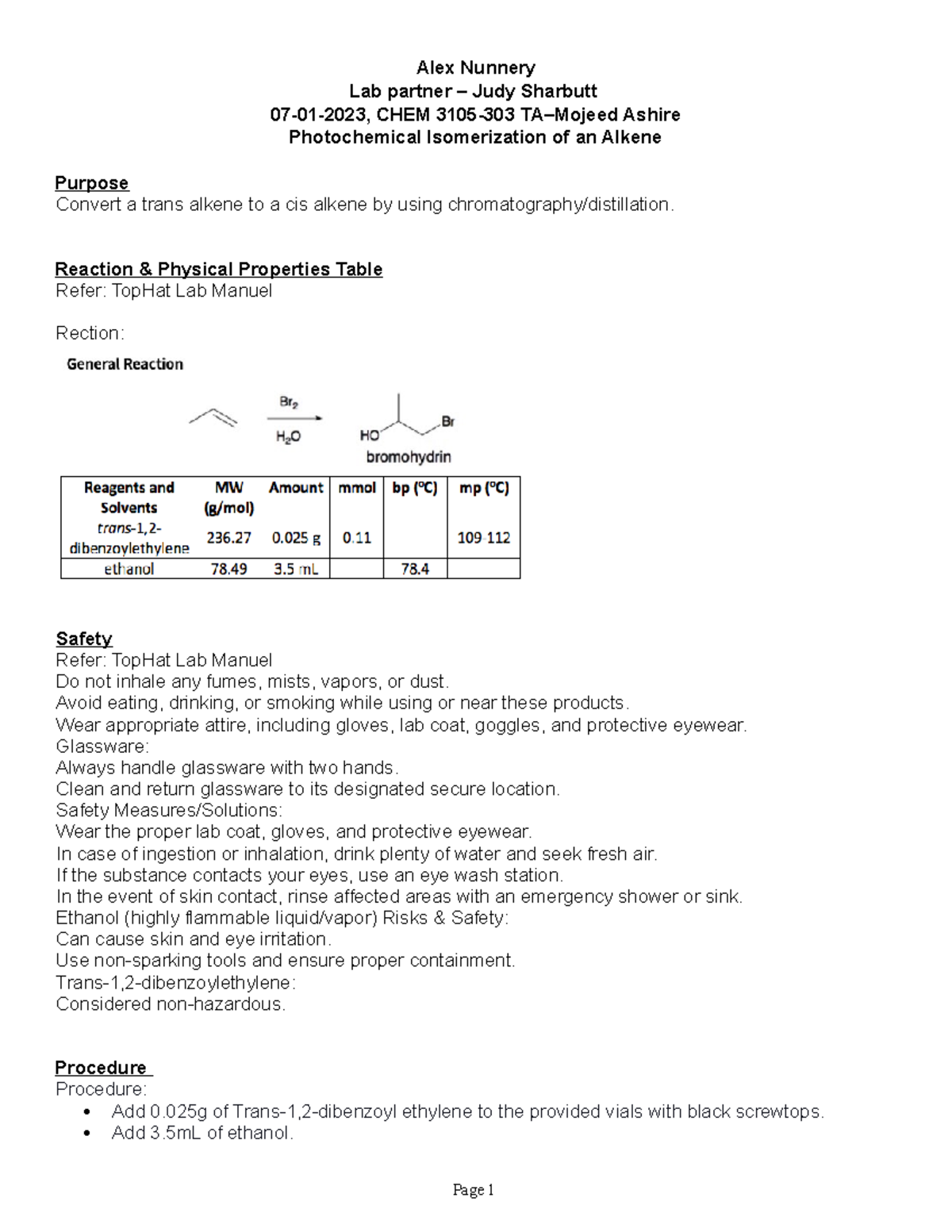 OChem 3105Exp12 - lab report - Alex Nunnery Lab partner – Judy Sharbutt ...