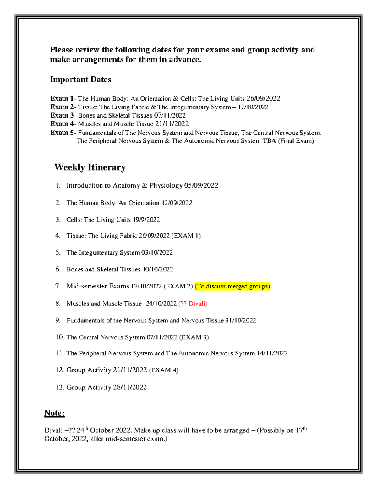 Important Dates (2022) Please review the following dates for your