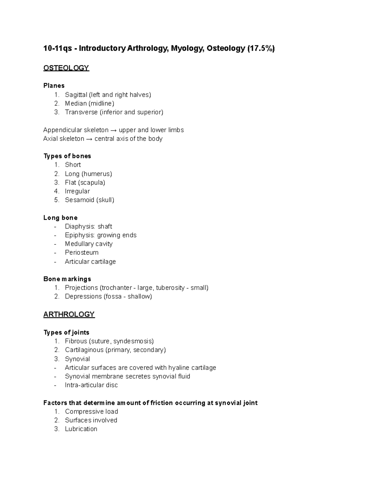 Condensed summary module 1 notes - 10-11qs - Introductory Arthrology ...