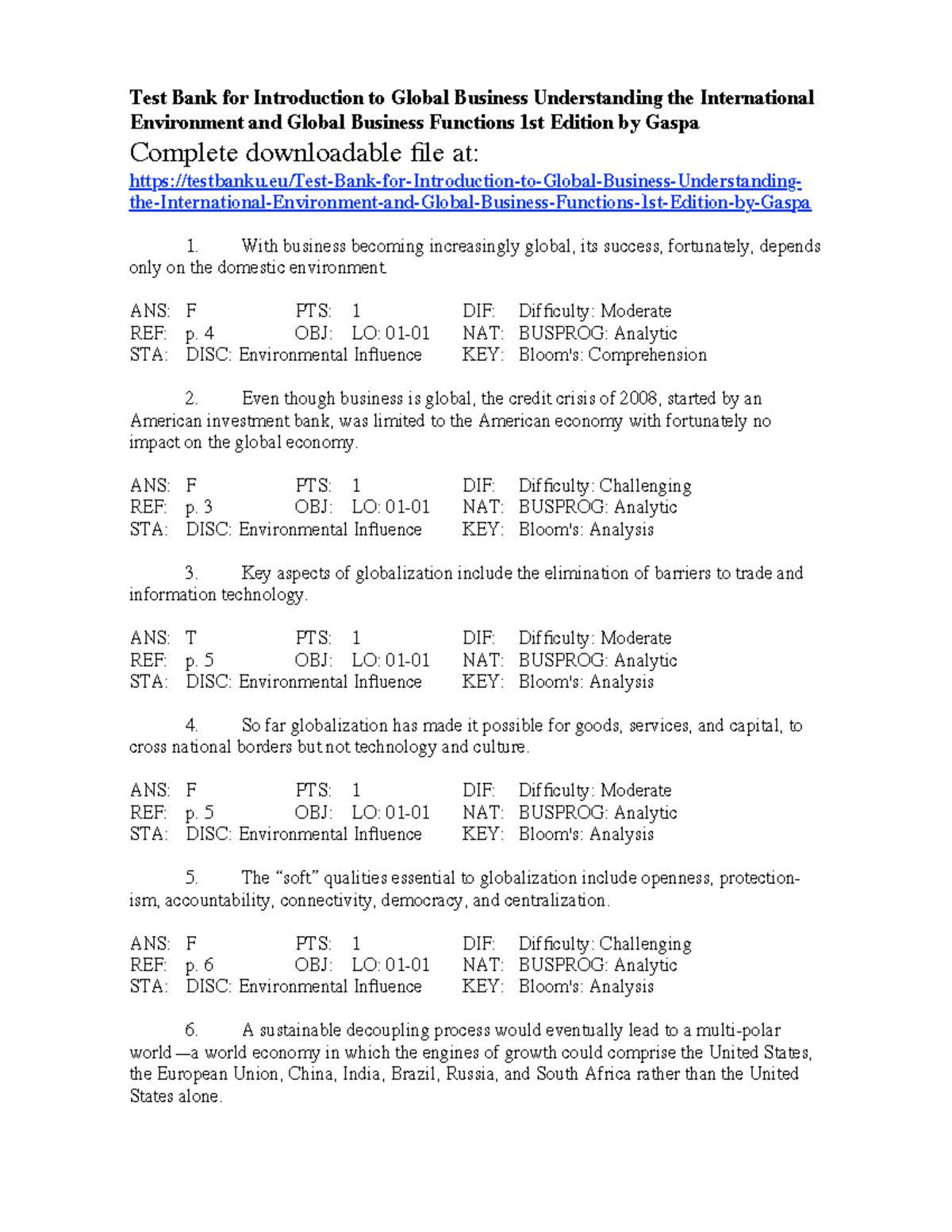 International Trade And Business - Chap 1 - Test Bank For Introduction ...