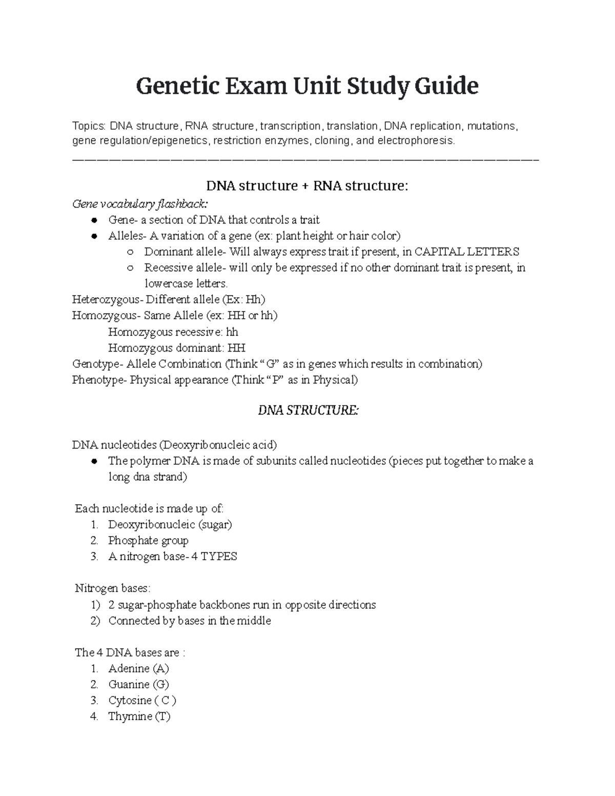 Biology Genetic Exam Study Guide- BIOLOGY - Genetic Exam Unit Study ...