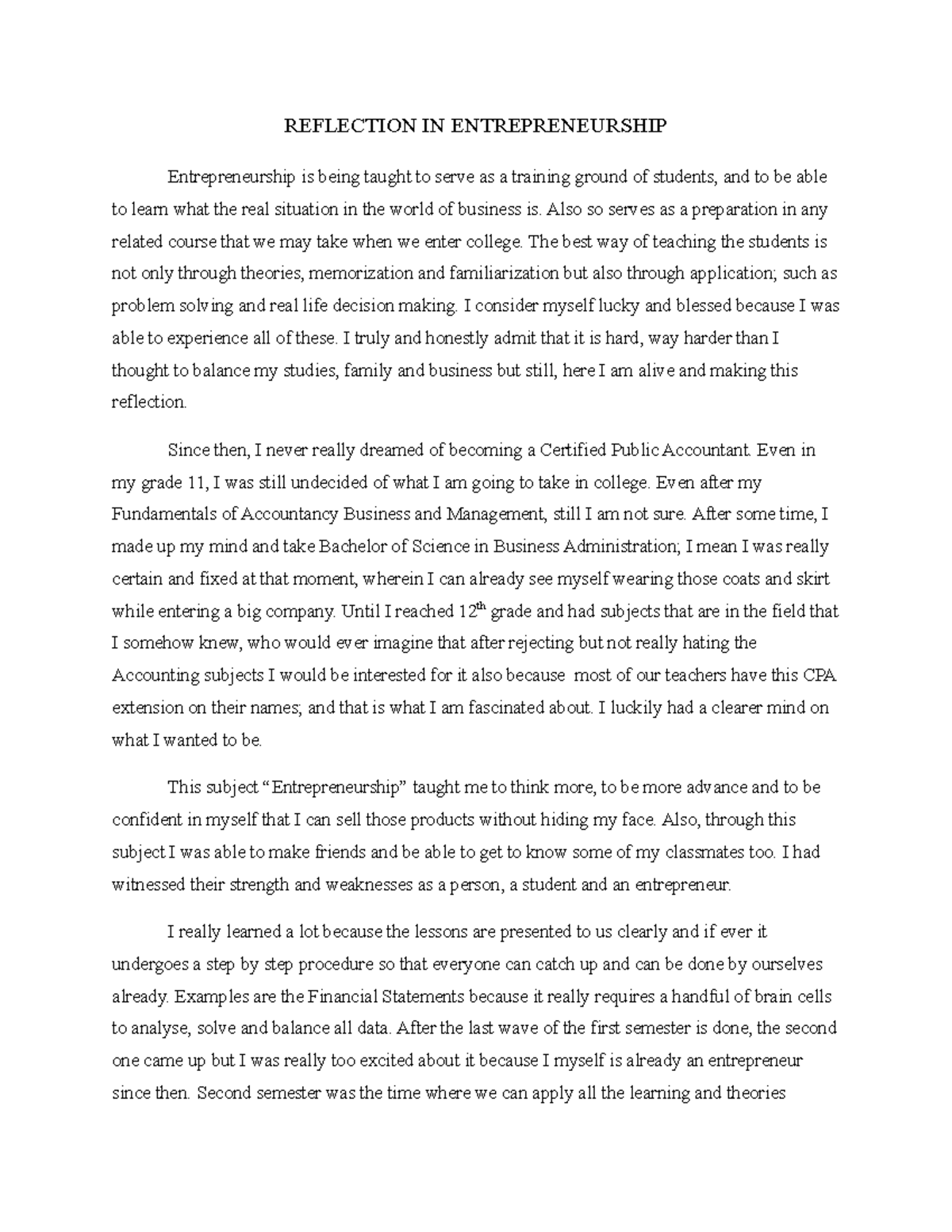 entrepreneur reflection essay