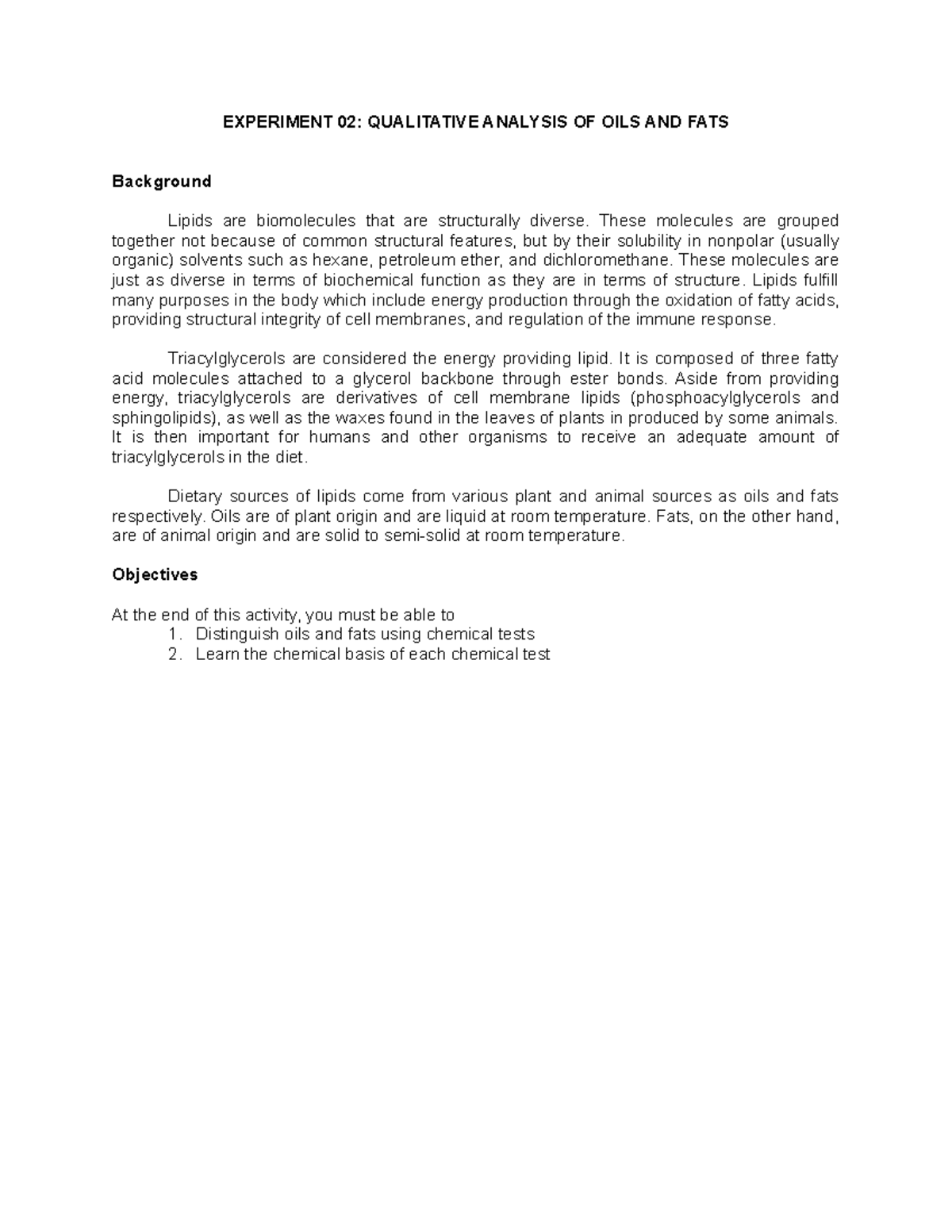 Business Project - EXPERIMENT 02: QUALITATIVE ANALYSIS OF OILS AND FATS ...