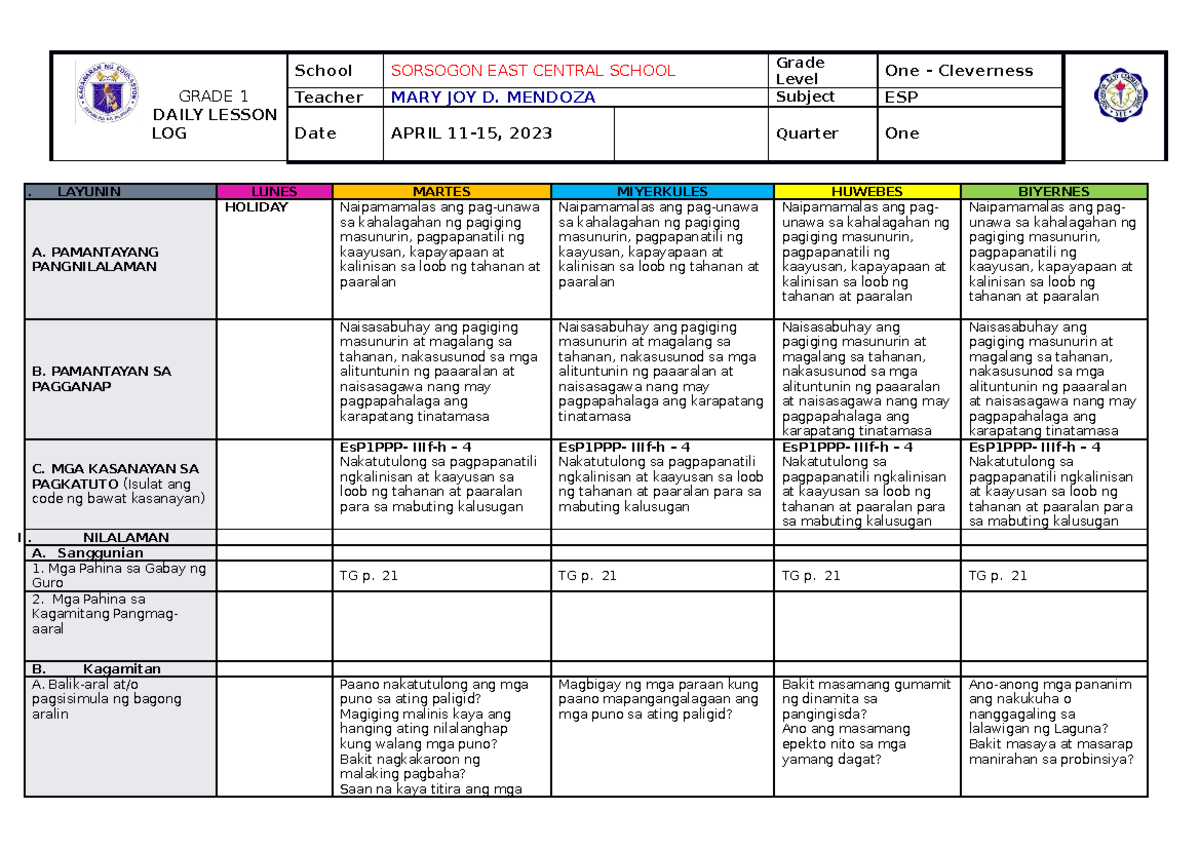 ESP Third Quarter WEEK 3 - GRADE 1 DAILY LESSON LOG School SORSOGON ...