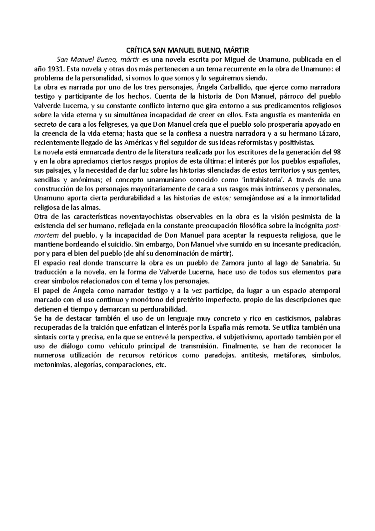 CRÍTICA SAN Manuel Bueno CRÍTICA SAN MANUEL BUENO, MÁRTIR San Manuel