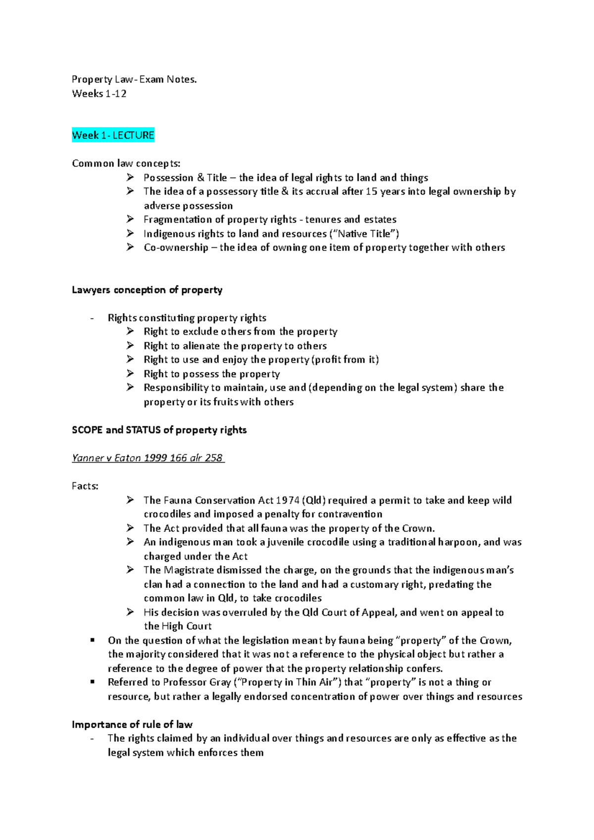 Property law notes - Property Law- Exam Notes. Weeks 1- Week 1- LECTURE ...