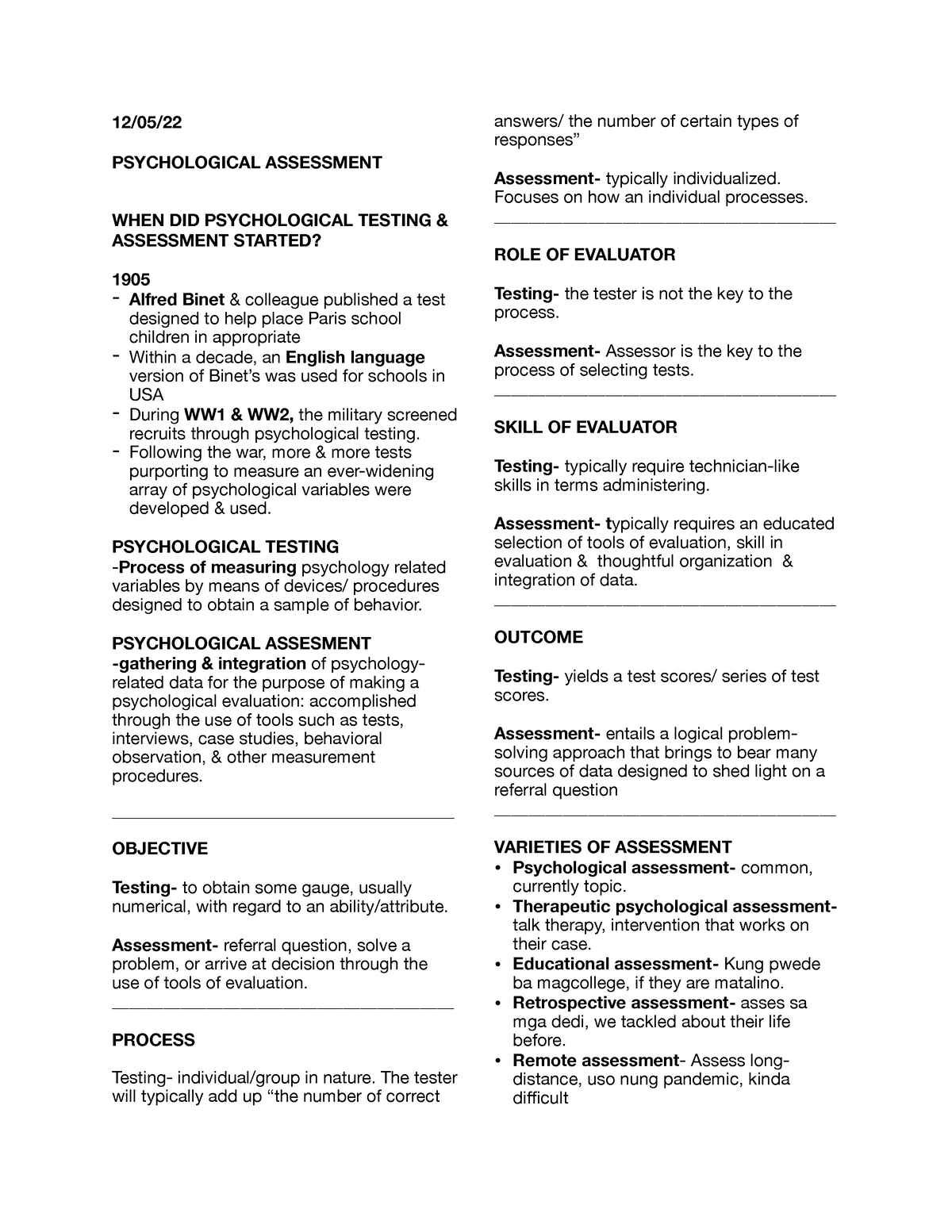 Psych Assessment - Review notes - 12/05/ PSYCHOLOGICAL ASSESSMENT WHEN ...