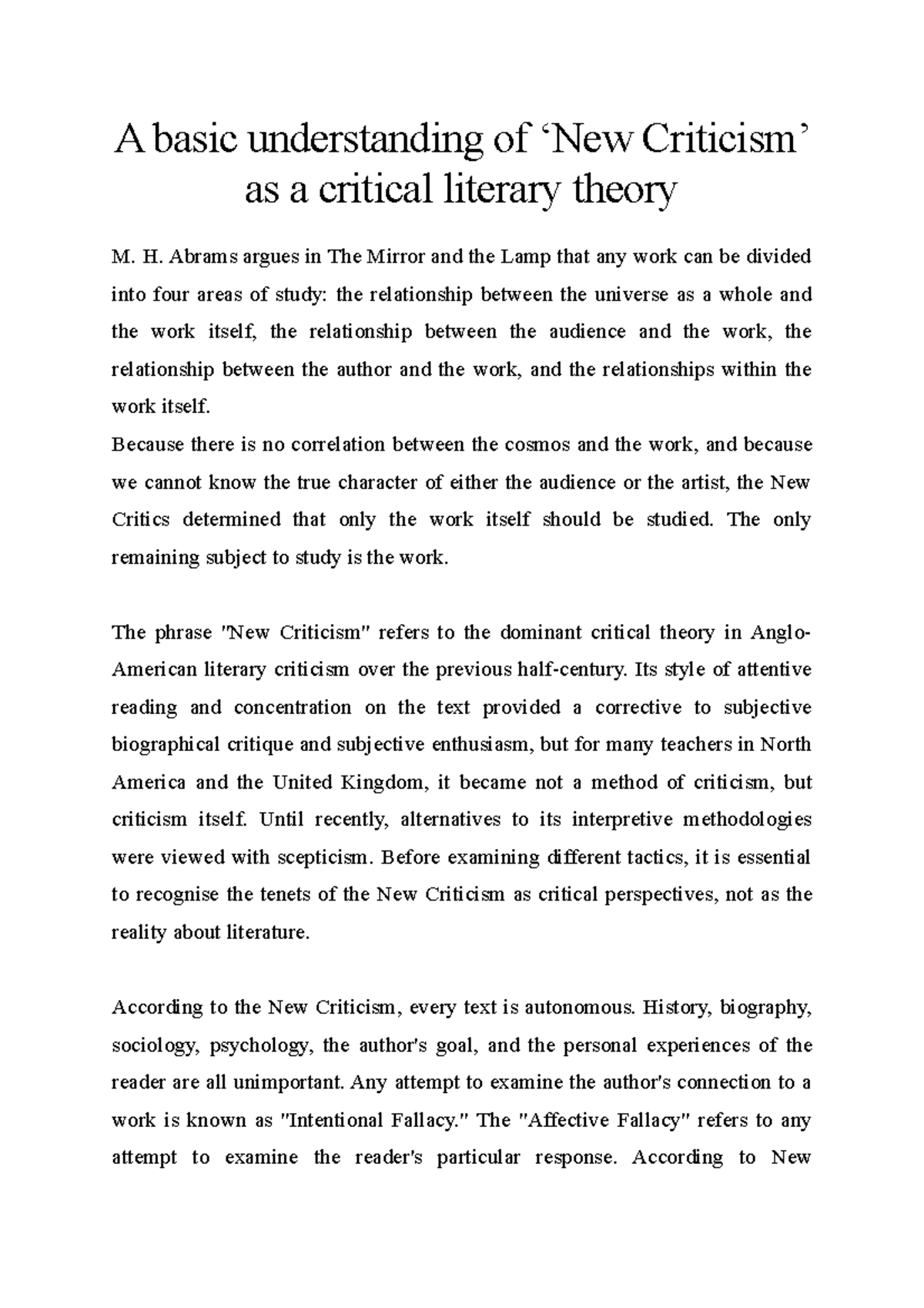 A basic understanding of ‘New Criticism’ as a critical literary theory