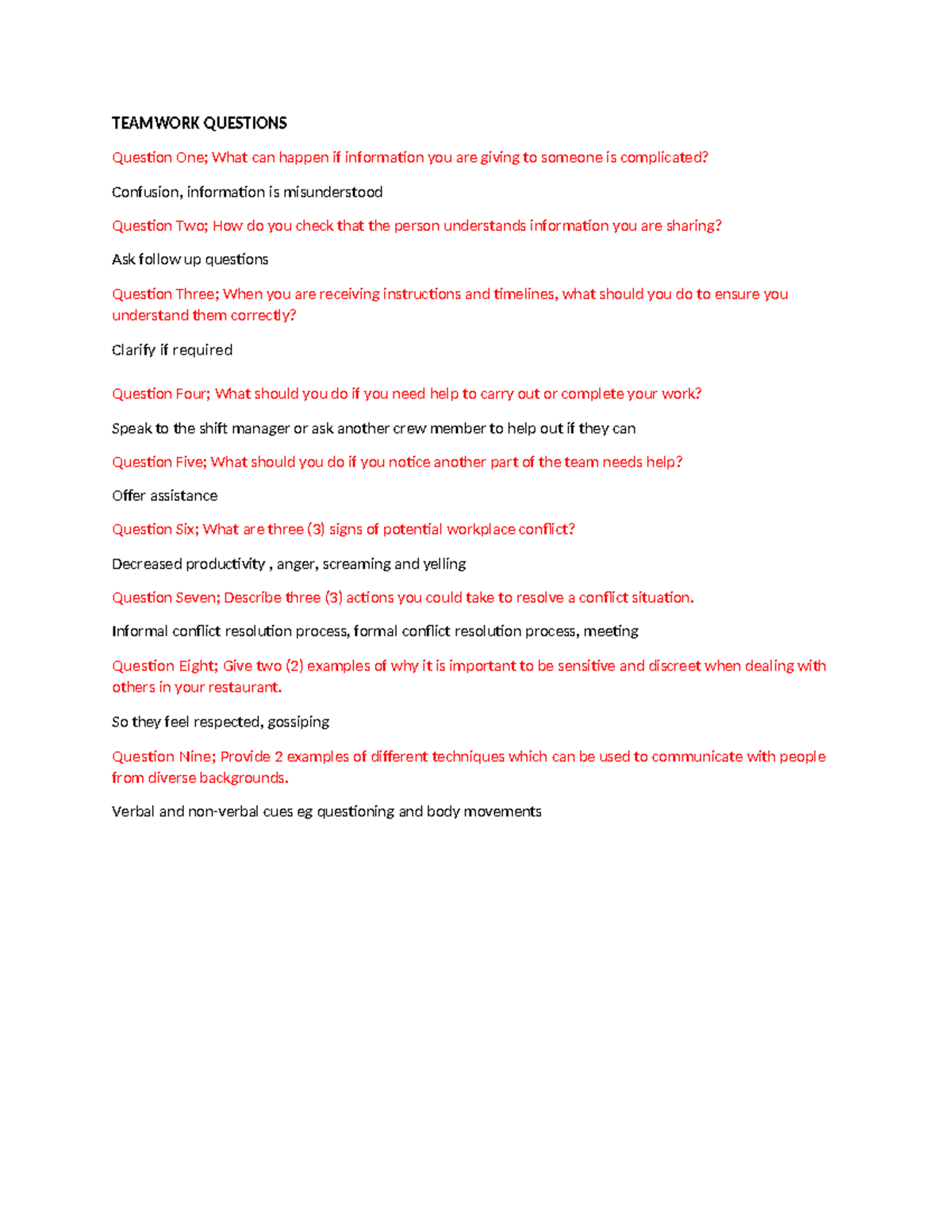 Document - practice exam - TEAMWORK QUESTIONS Question One; What can ...
