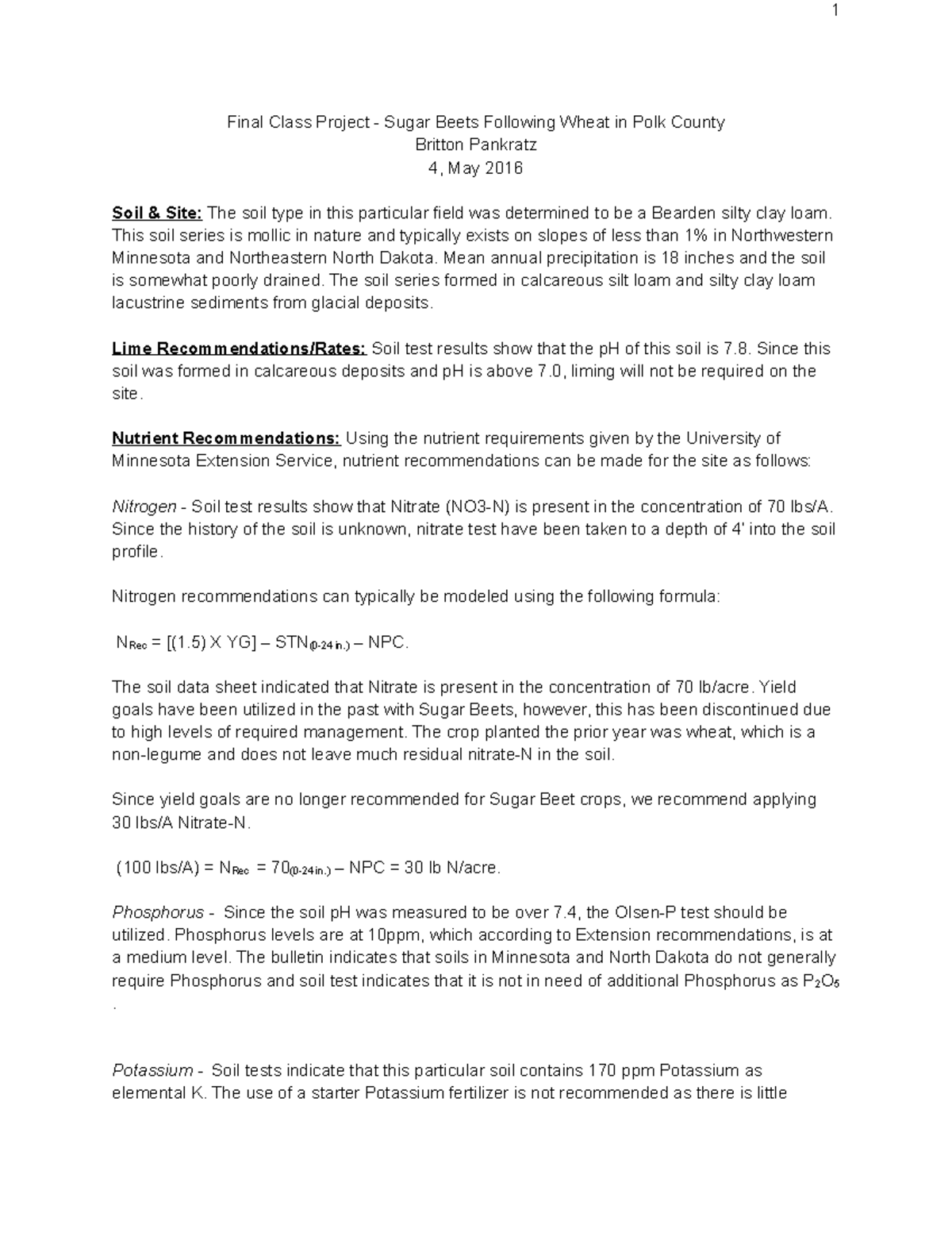 SOIL3416 - Final Project Paper - 1 Final Class Project Sugar Beets ...