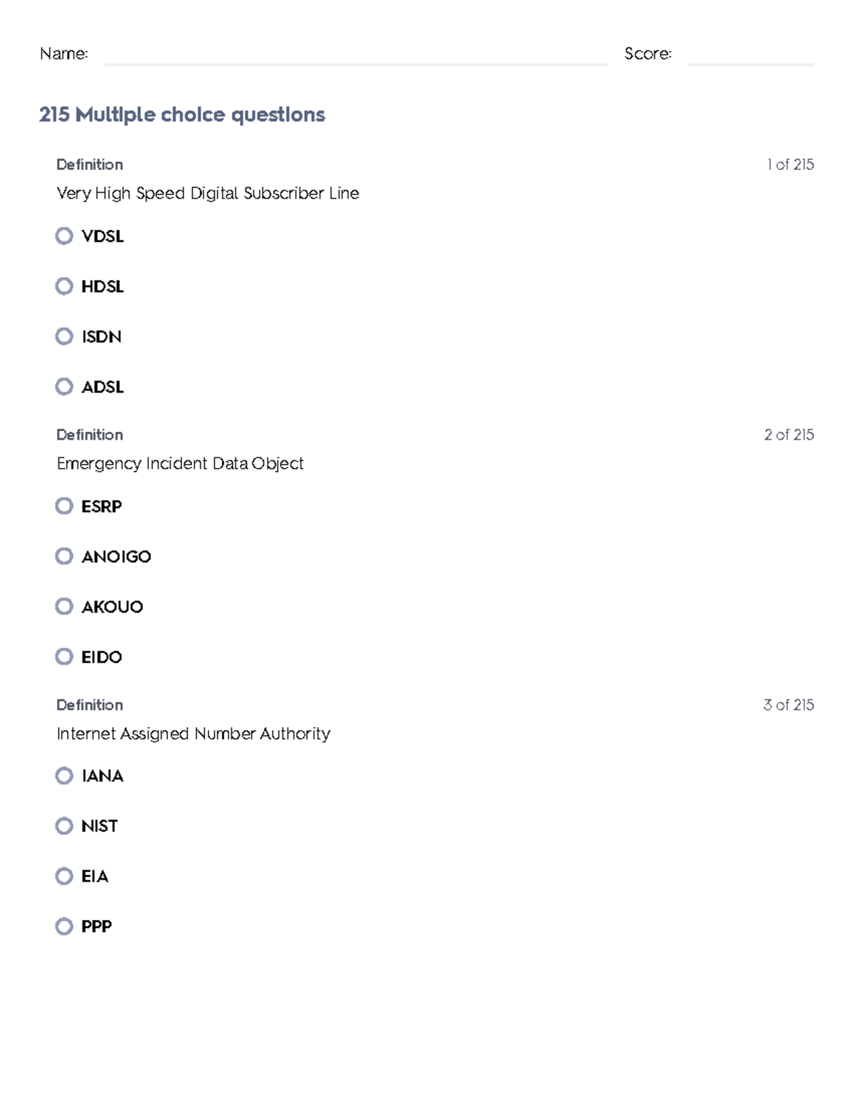 NENA ENP - NENA ENP -911 - Name: Score: 215 Multiple choice questions ...