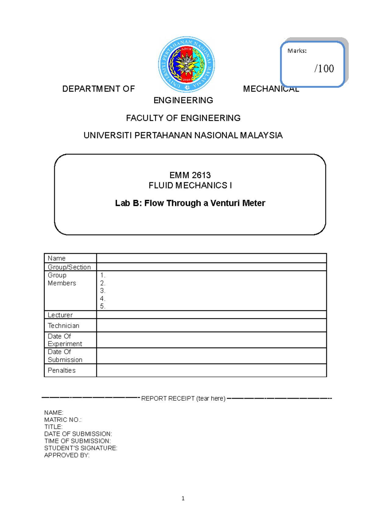 Lab B Fluid Flow Through A Venturi Meter V1 DEPARTMENT OF