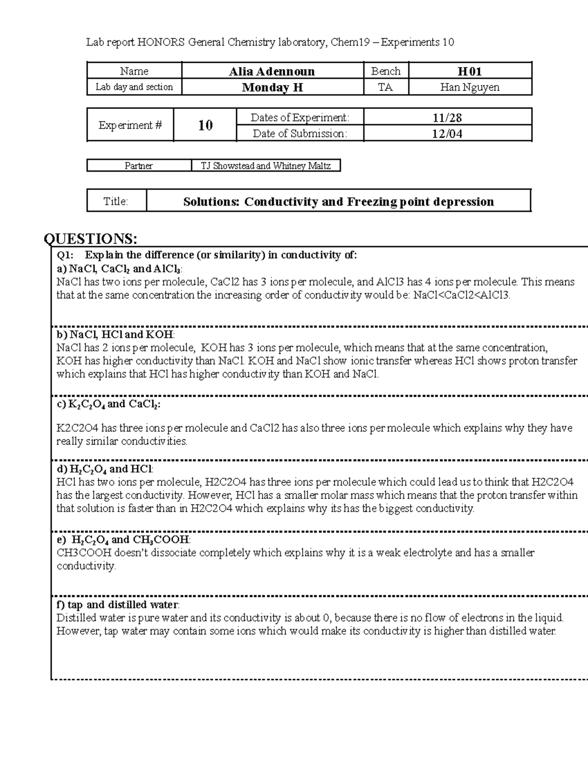 Chem 19a Postlab 10 template no Abstract - Name Alia Adennoun Bench H ...