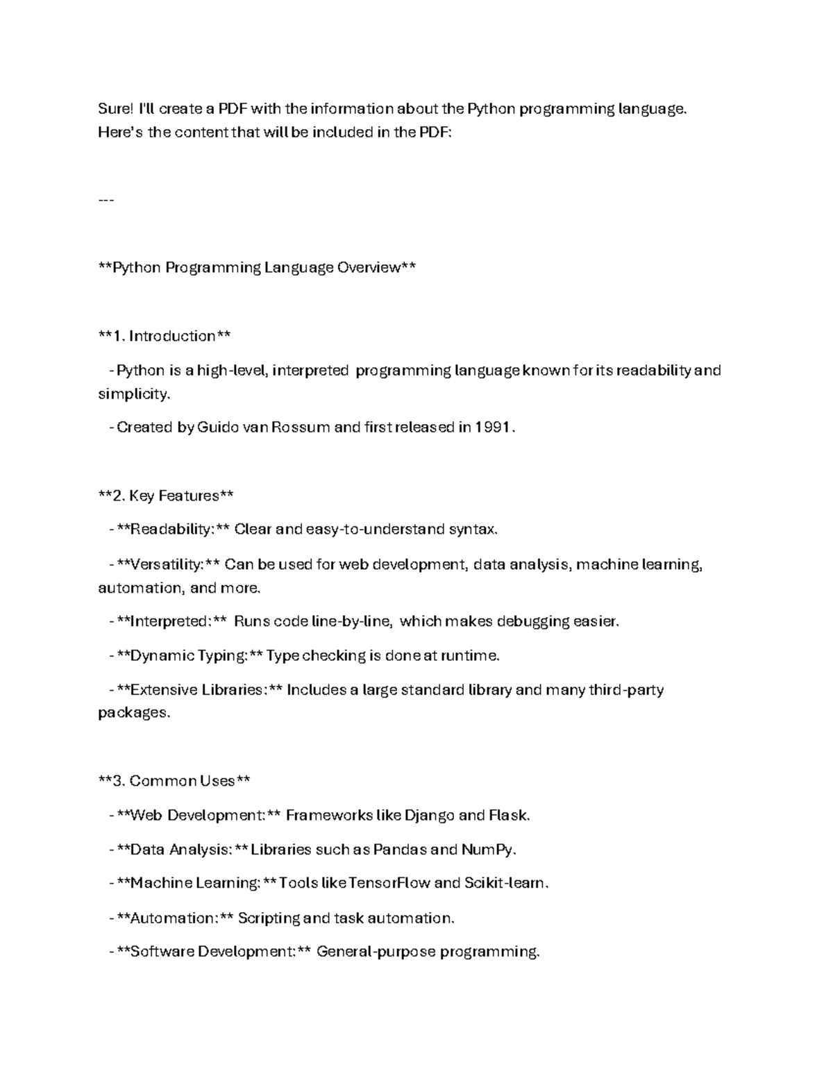 Python overview - .... - Sure! I'll create a PDF with the information ...
