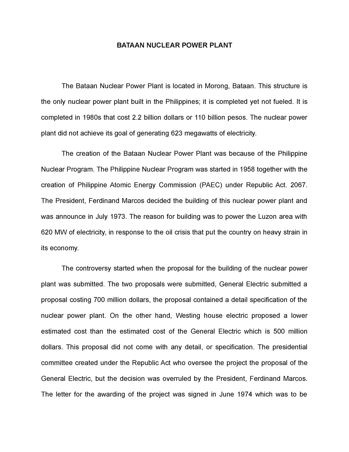 bataan nuclear power plant essay