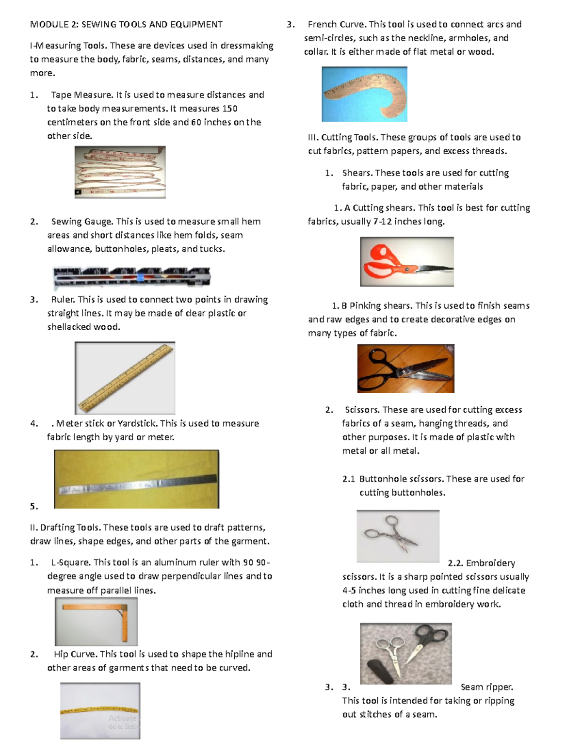Module 2 Sewing Tools MODULE 2 SEWING TOOLS AND EQUIPMENT I