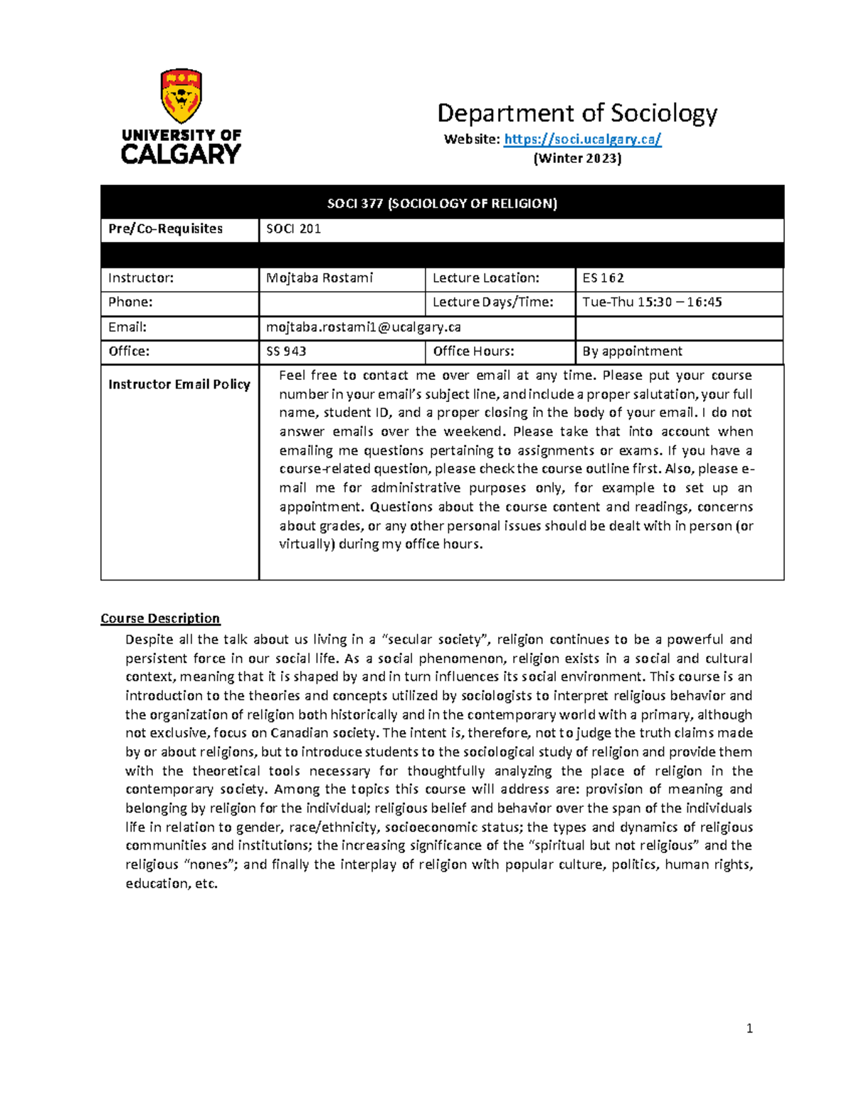 SOCI377 W2023 LEC1 outline - Department of Sociology Website: soci ...