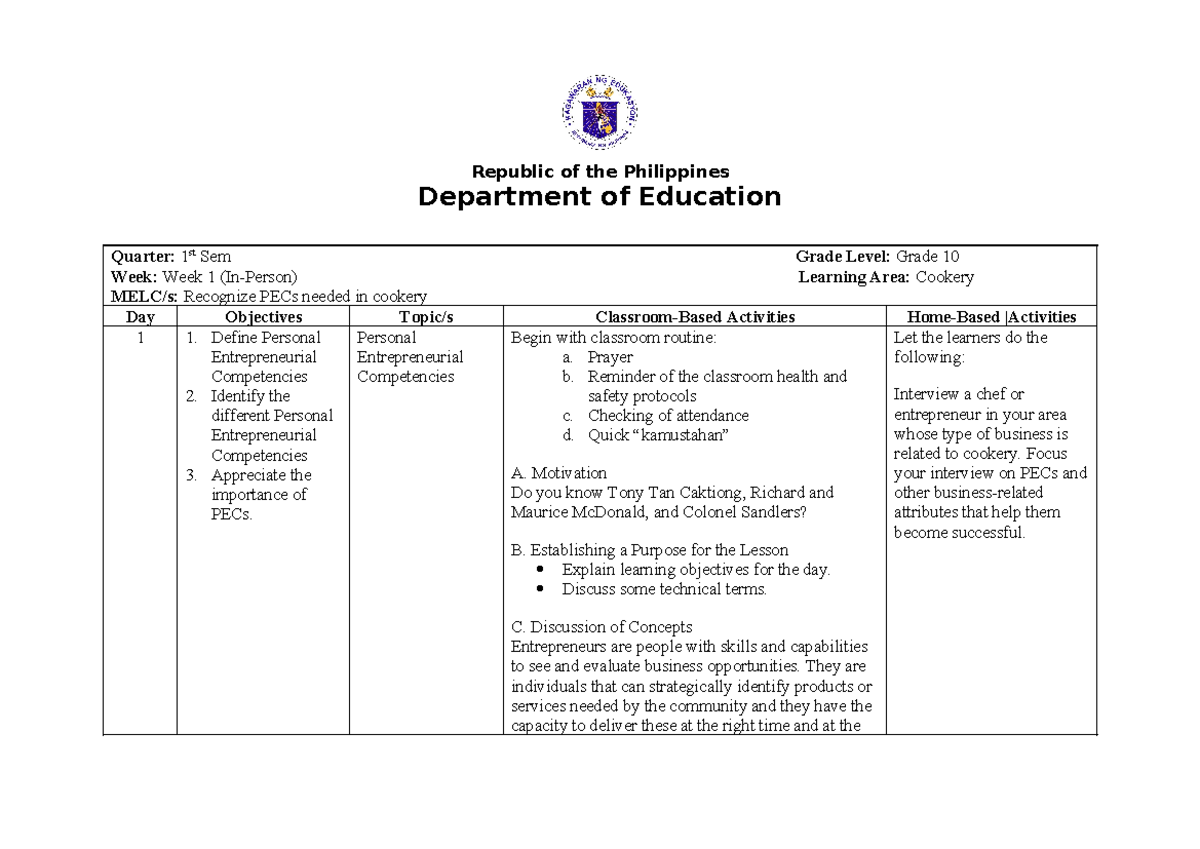 Cookery 10 Dll Week 1 Dll Republic Of The Philippines Department Of Education Quarter 1 St 7921