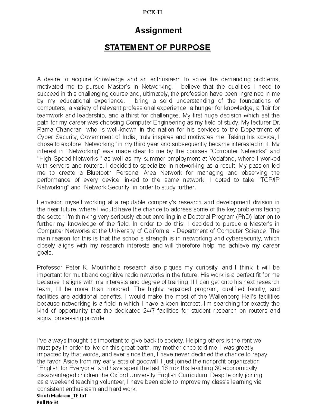 SOP-Example - Example of Statement of Purpose - PCE-II Assignment ...