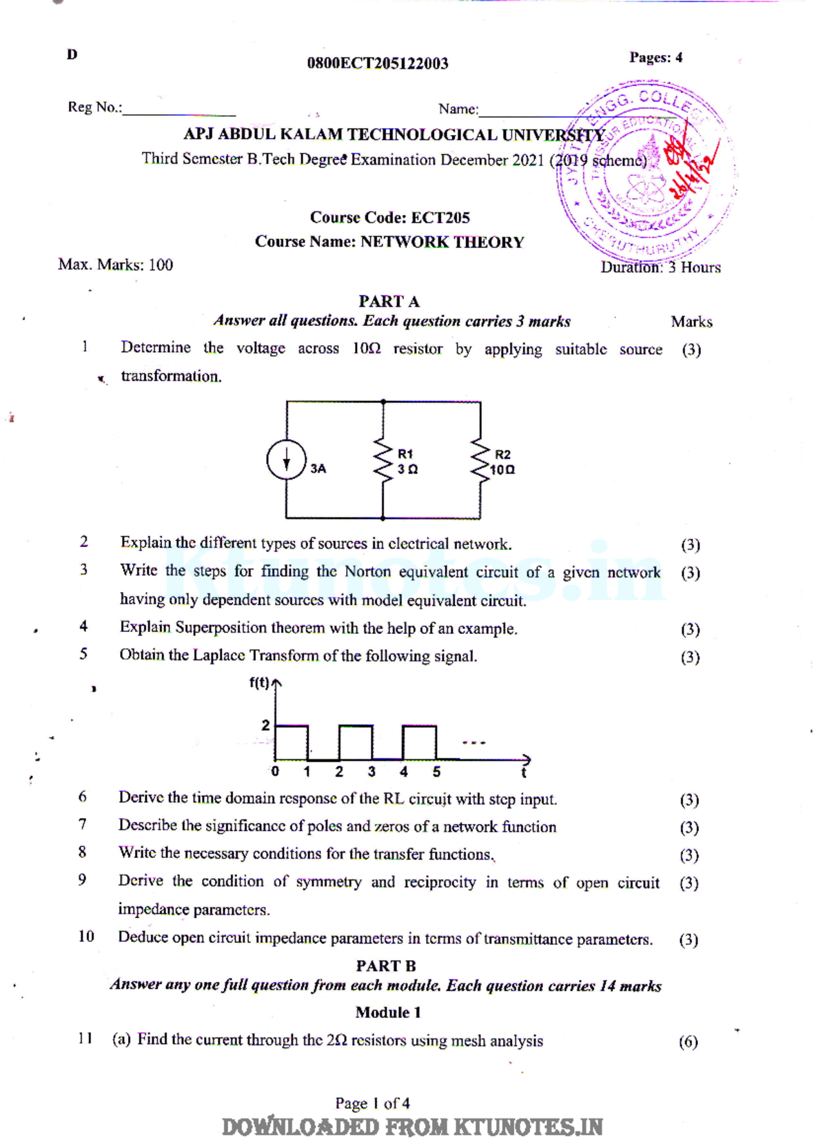 ECT205 Network Theory question paper,2019 scheme D Reg No
