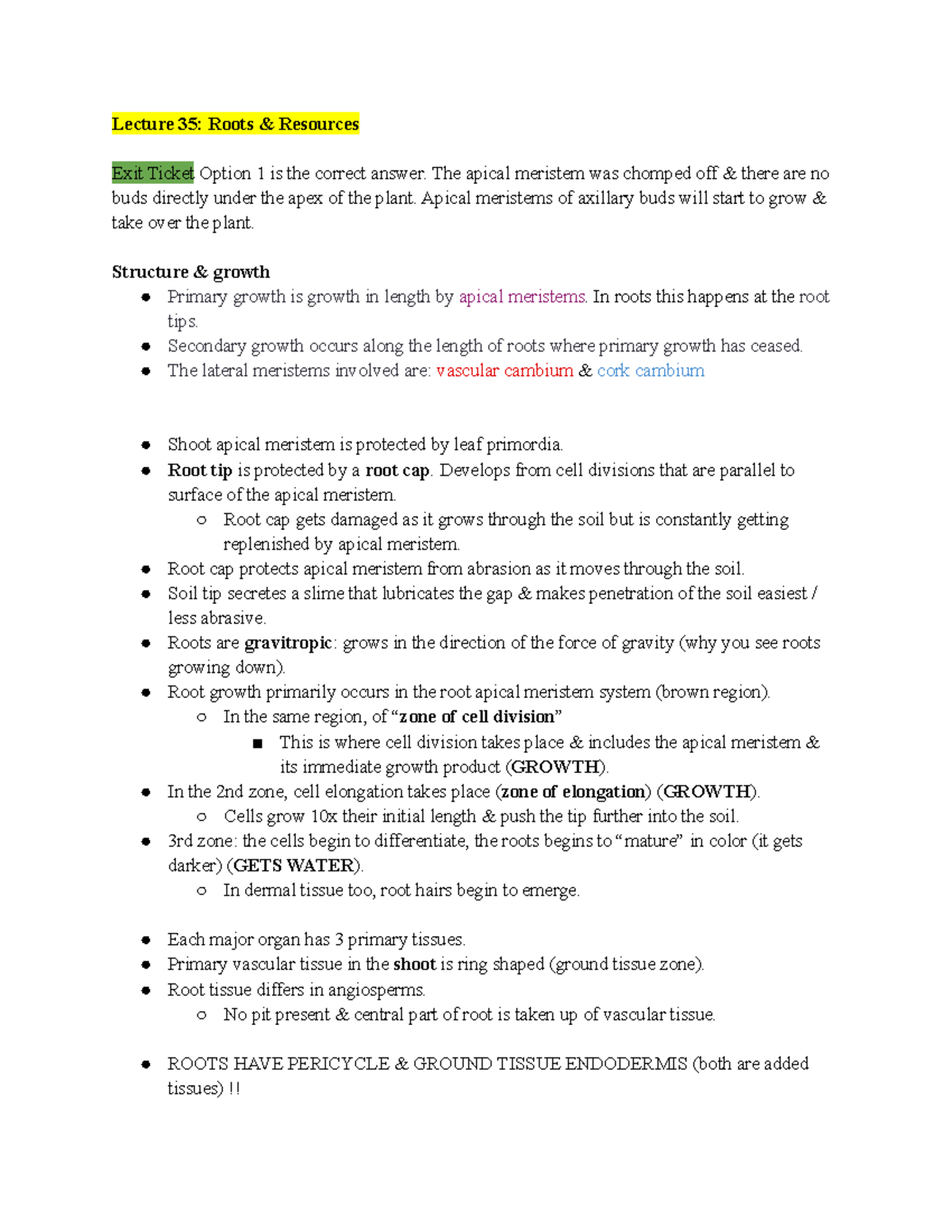 BIO 1B Lecture 35 - Lecture 35: Roots & Resources Exit Ticket Option 1 ...