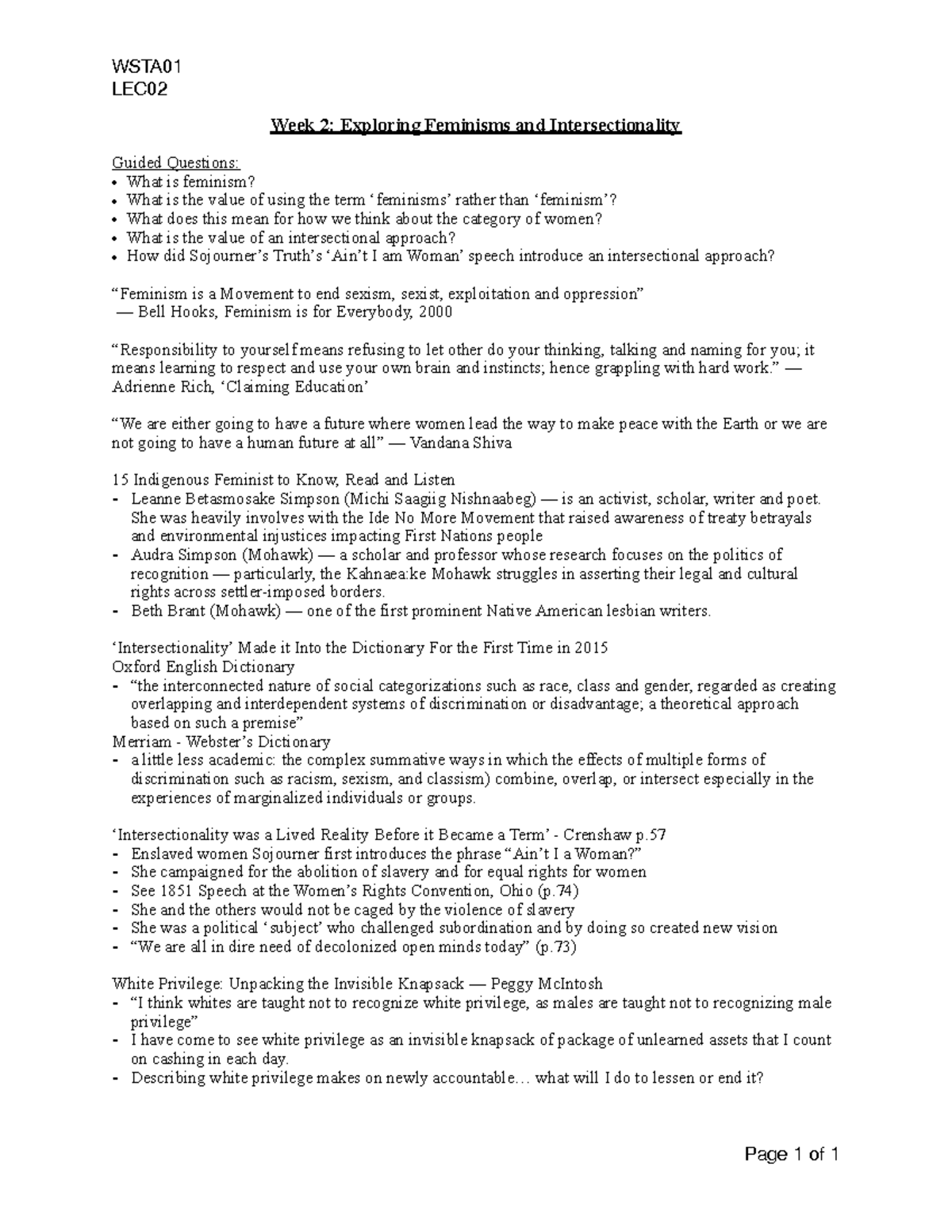 WSTA01 Lecture 2 - WSTA LEC Week 2: Exploring Feminisms and ...