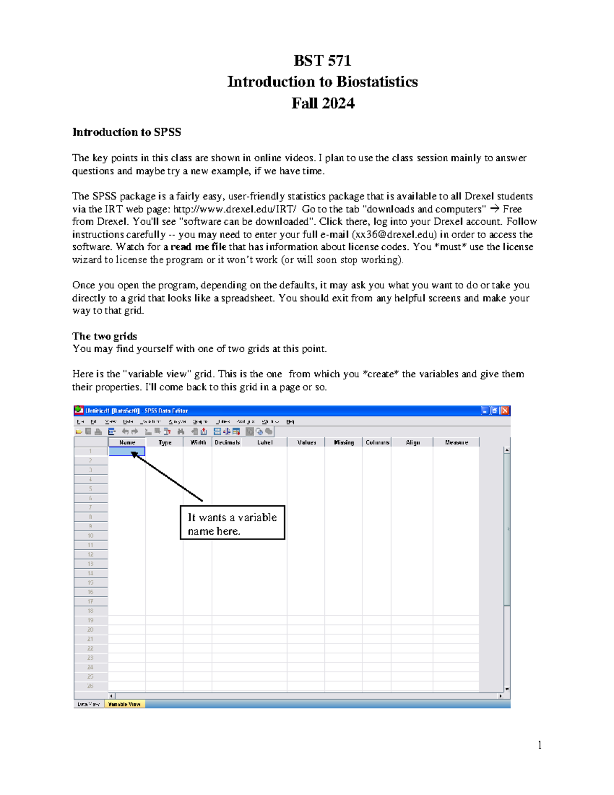 Intro to SPSS - Notes - BST 571 Introduction to Biostatistics Fall 2024 ...