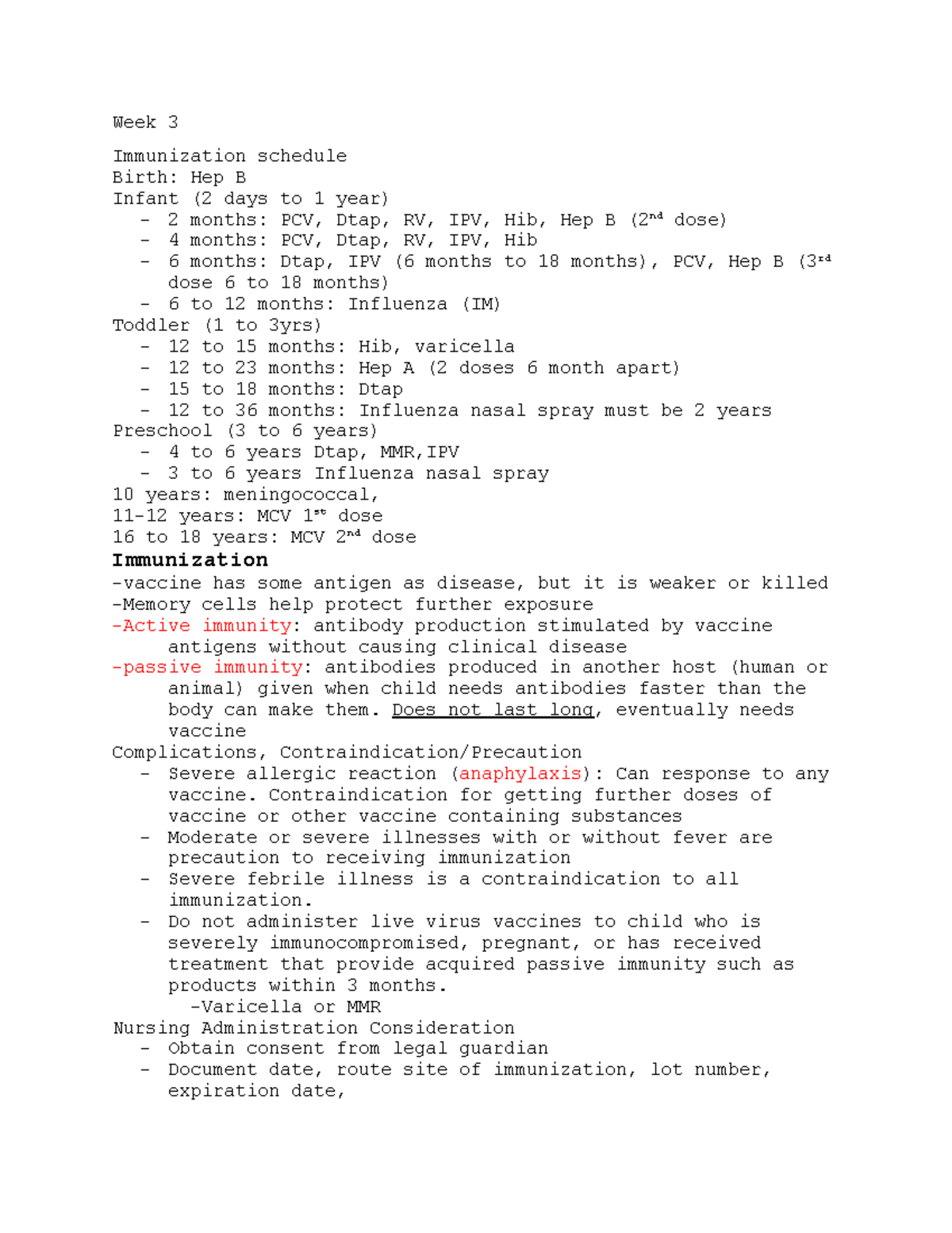 Week 3 review 2 - notes - Week 3 Immunization schedule Birth: Hep B ...