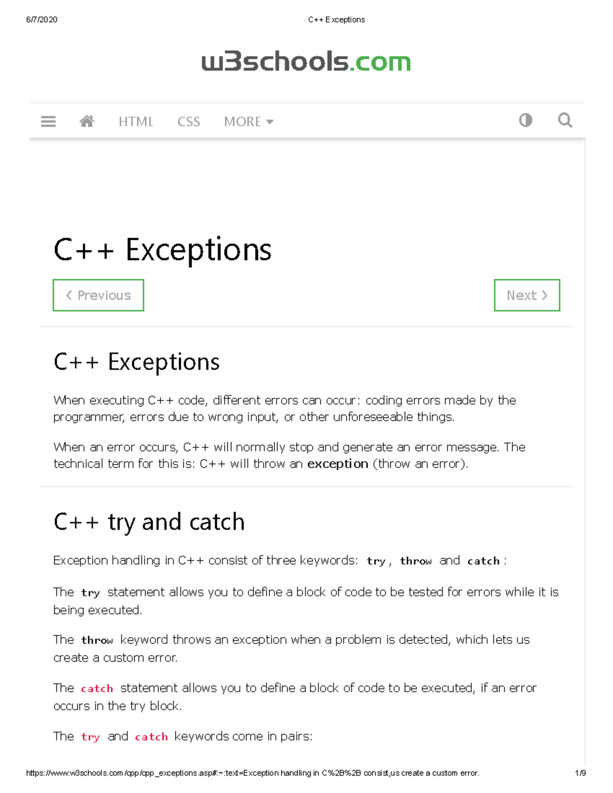 C++ Exceptions - Previous Next C++ Exceptions C++ Exceptions When ...