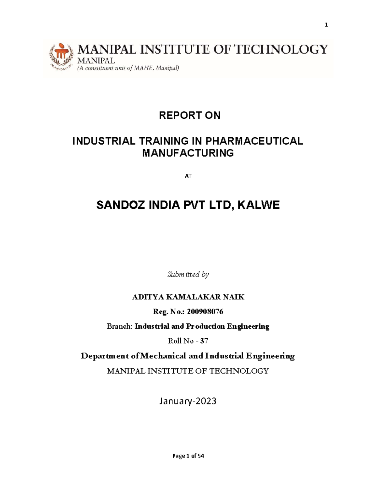 Industrial Training report REPORT ON INDUSTRIAL TRAINING IN PHARMACEUTICAL MANUFACTURING AT