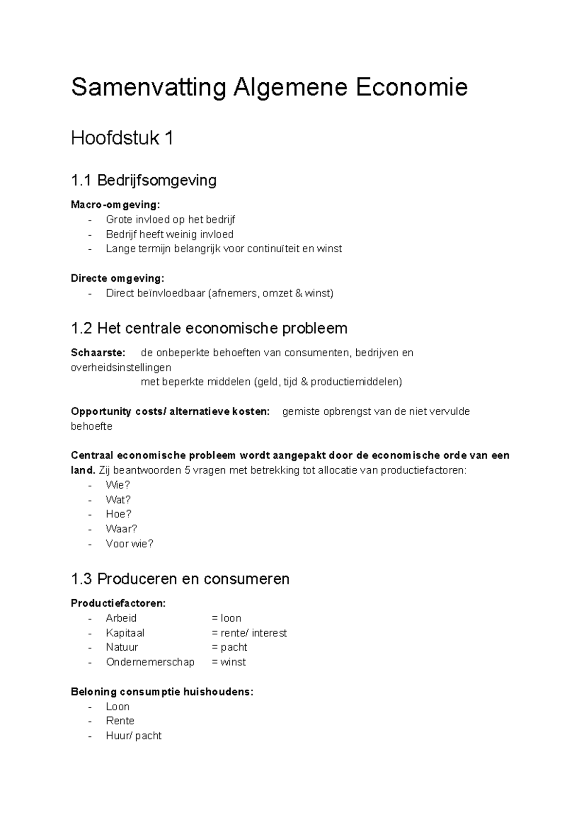 Samenvatting AE - Samenvatting Algemene Economie Hoofdstuk 1 1 ...