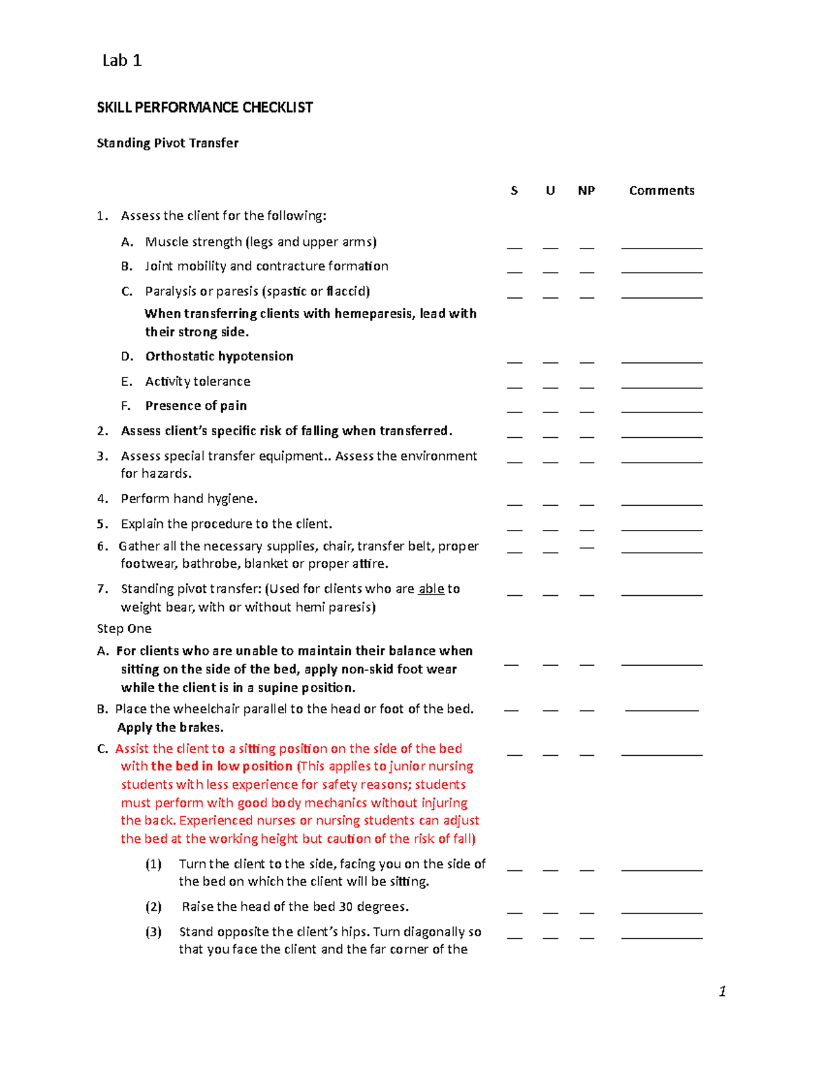 Standing Pivot Transfer - SKILL PERFORMANCE CHECKLIST Standing Pivot ...